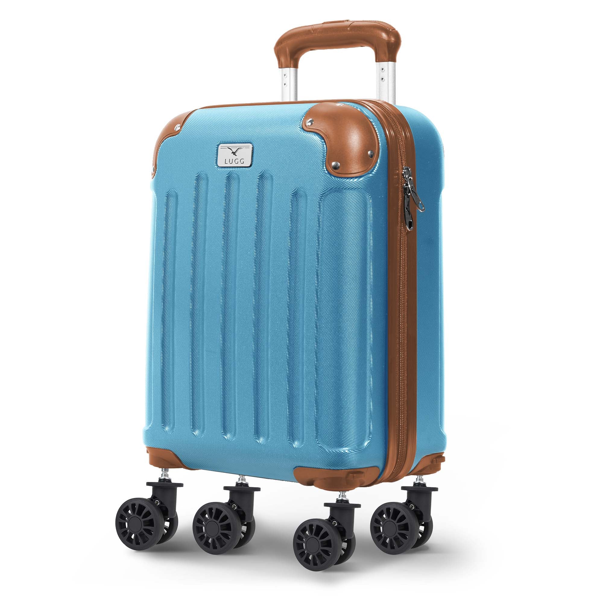 LUGG 40cm Skywander Lightweight Underseat Cabin Bag – Ryanair & EasyJet Approved Carry-On Suitcase, Durable ABS Hard Shell, Smooth Double Spinner Wheels, Water-Resistant & Compact Luggage (40x30x20cm, without wheels) - Blue/Brown