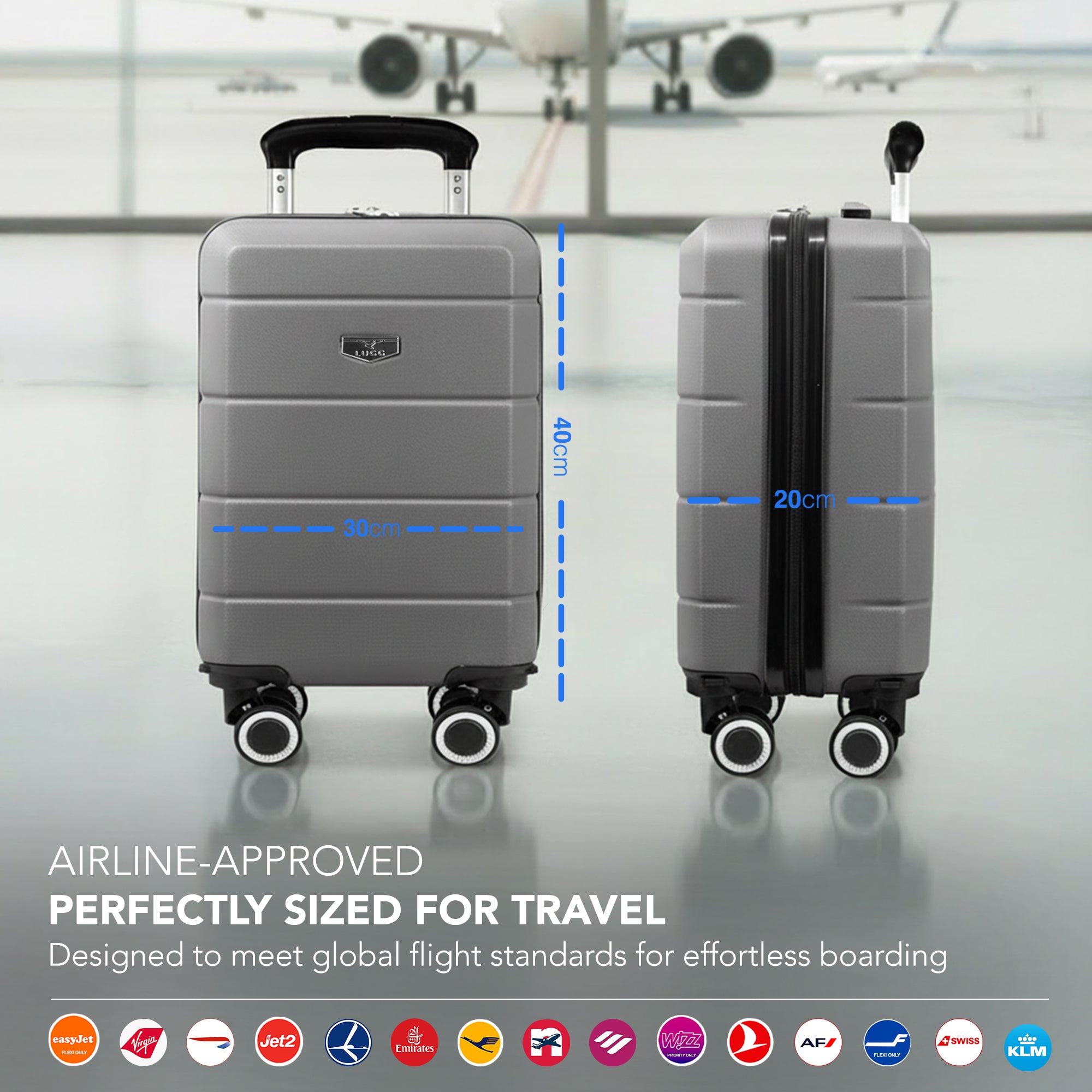 LUGG - Jetset 40cm Suitcase - 40x30x20cm- Ryanair Compatible - Underseat Size - Hard Shell ABS - Spinner & Removable Wheels - Lightweight Travel Luggage- Gunmetal