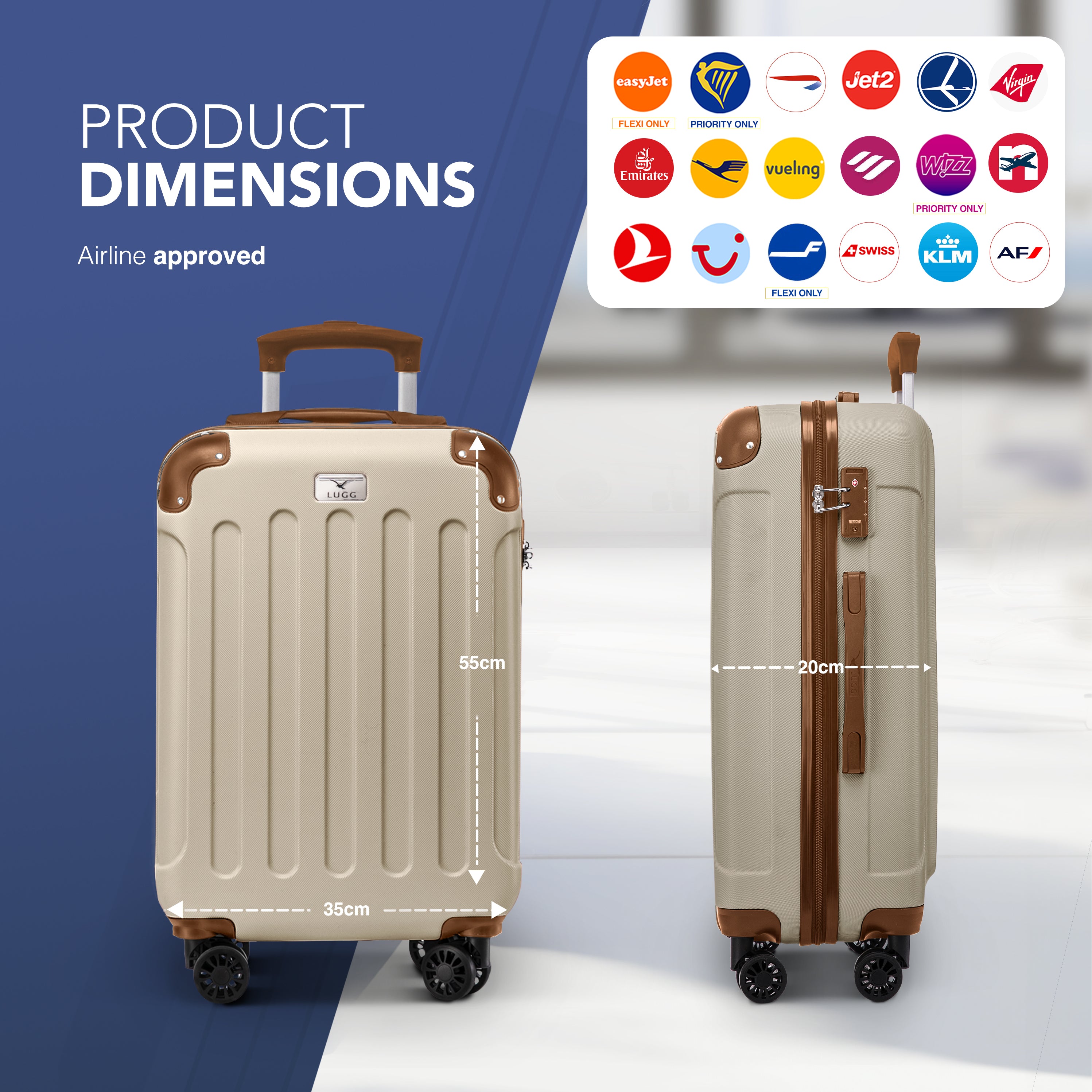 Skywander 20" Cabin Suitcase - 55 x 35 x 20cm in Cream & Brown