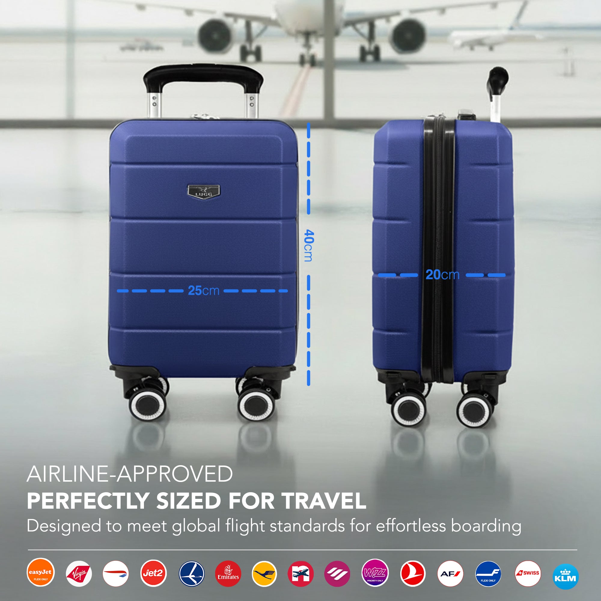 LUGG - Jetset 40cm Suitcase - 40x25x20cm- Ryanair Compatible - Underseat Size - Hard Shell ABS - Spinner & Removable Wheels - Lightweight Travel Luggage- Midnight Blue