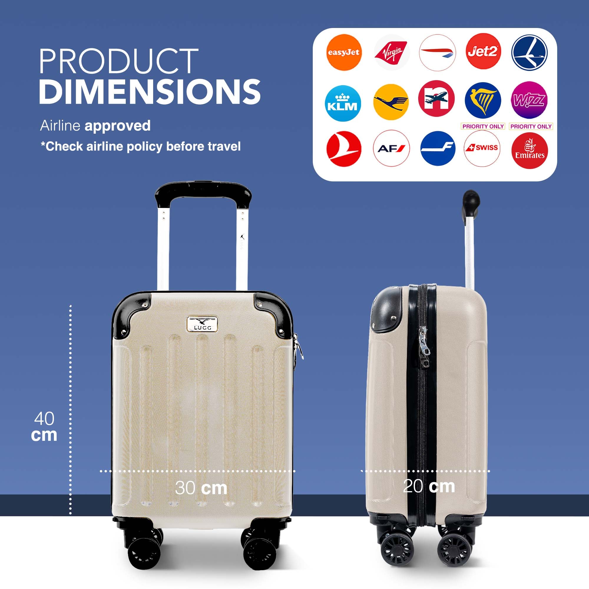 LUGG 40cm Skywander Lightweight Underseat Cabin Bag – Ryanair & EasyJet Approved Carry-On Suitcase, Durable ABS Hard Shell, Smooth Double Spinner Wheels, Water-Resistant & Compact Luggage (40x30x20cm, without wheels) - Beige