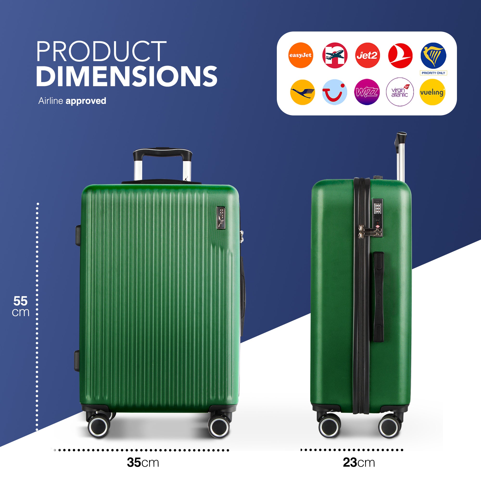 Vacay 20” Suitcase ABS Luggage with TSA Indent Lock, Aluminium Trolley Handle, 360° Spinner Wheels - Airline Compatible (55 x 35 x 23cm) - Forest