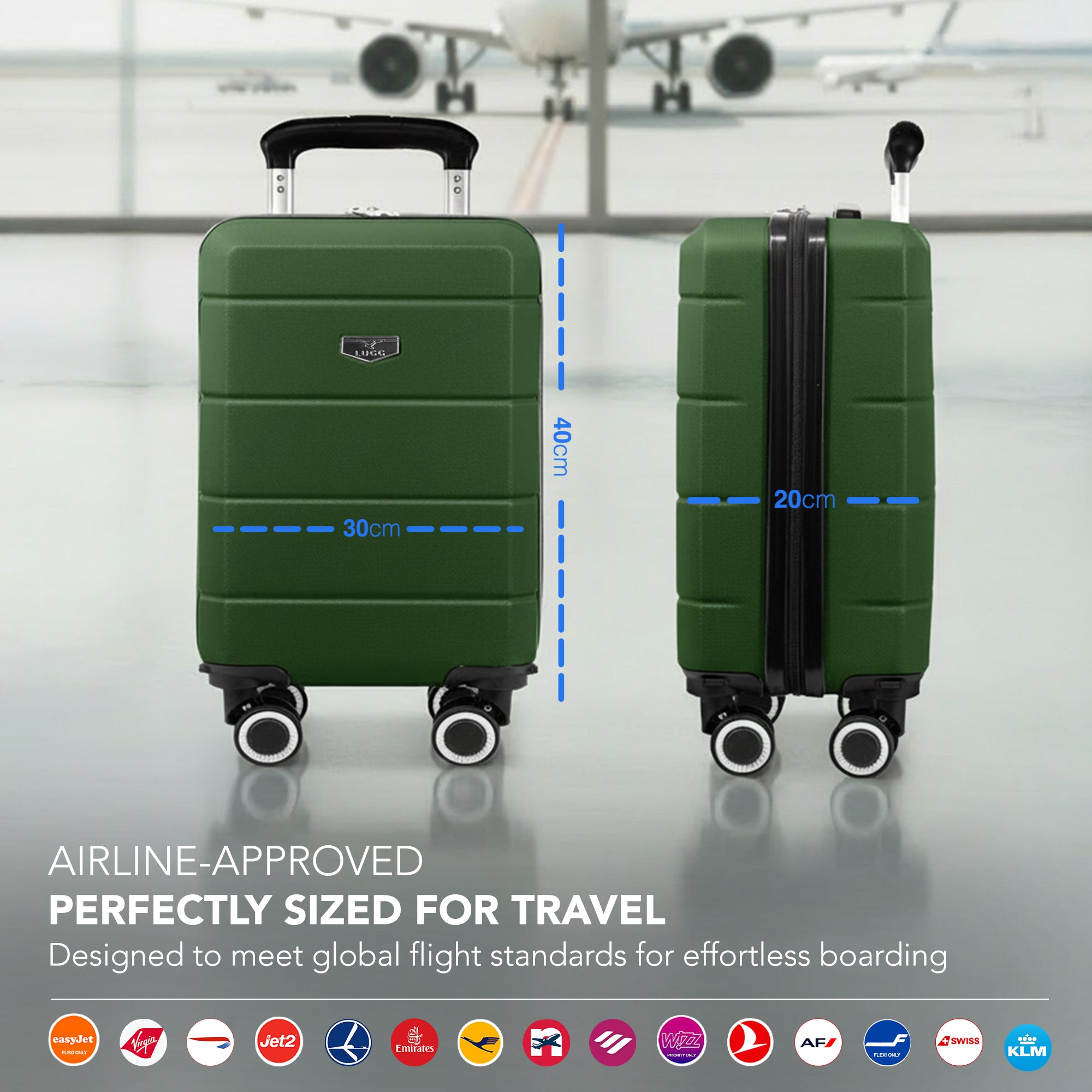 LUGG - Jetset 40cm Suitcase - 40x30x20cm- Ryanair Compatible - Underseat Size - Hard Shell ABS - Spinner & Removable Wheels - Lightweight Travel Luggage- Army Green
