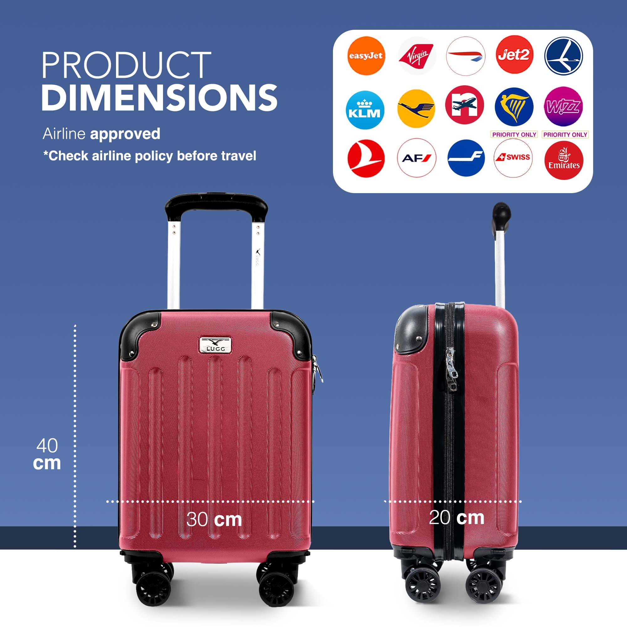 LUGG 40cm Skywander Lightweight Underseat Cabin Bag – Ryanair & EasyJet Approved Carry-On Suitcase, Durable ABS Hard Shell, Smooth Double Spinner Wheels, Water-Resistant & Compact Luggage (40x30x20cm, without wheels) - Burgundy