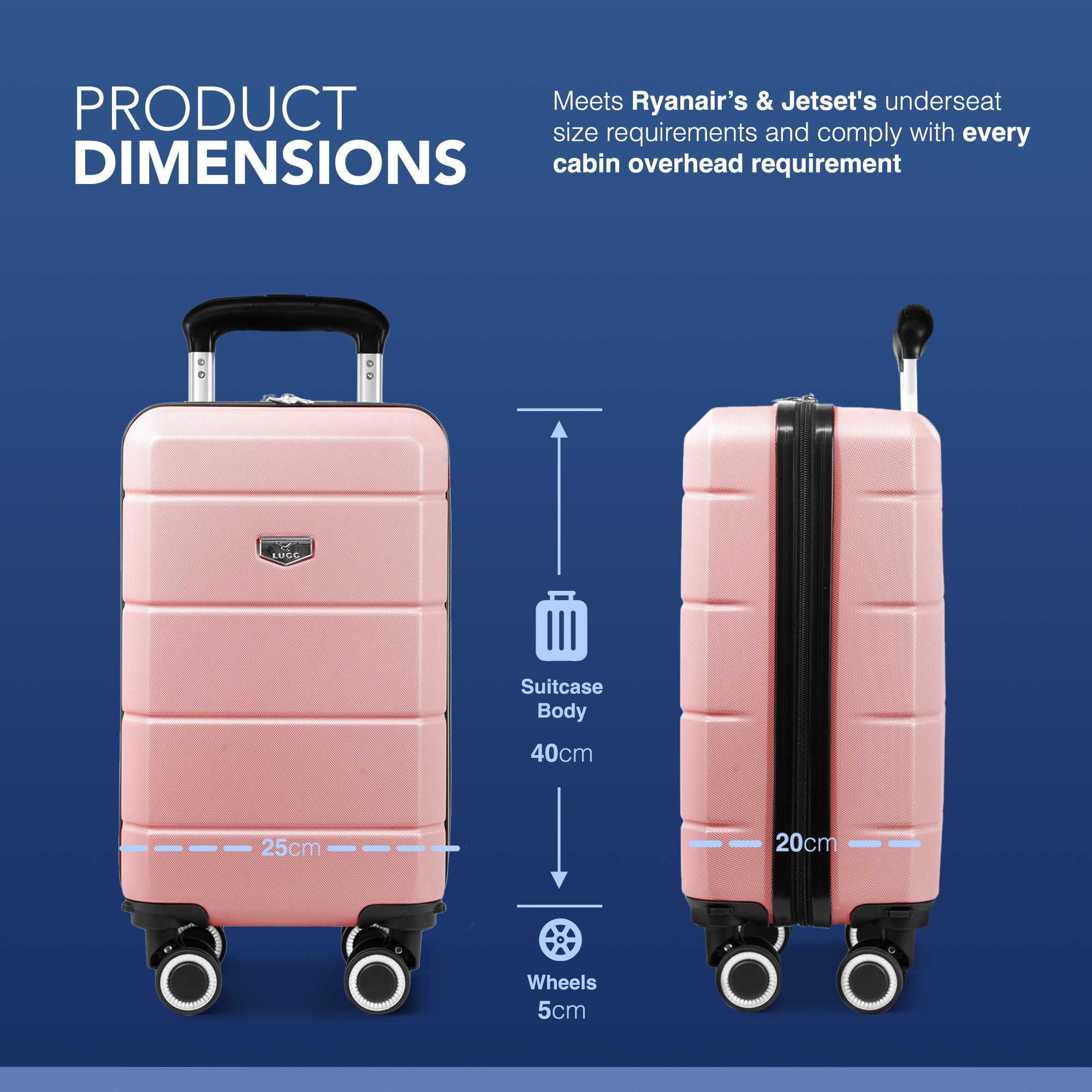 LUGG - Jetset 40cm Suitcase - 40x25x20cm- Ryanair Compatible - Underseat Size - Hard Shell ABS - Spinner & Removable Wheels - Lightweight Travel Luggage- Rose Gold
