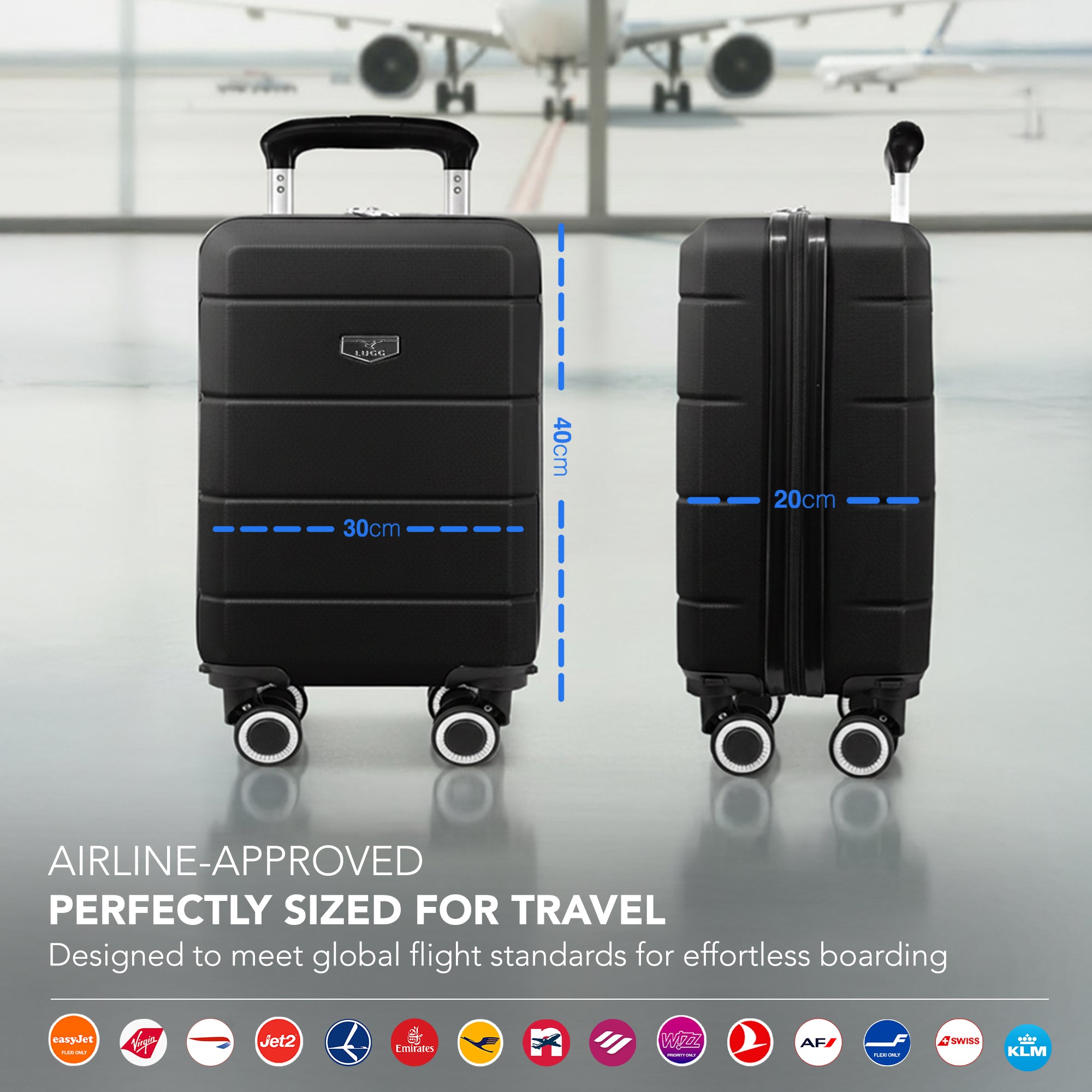 LUGG - Jetset 40cm Suitcase - 40x30x20cm- Ryanair Compatible - Underseat Size - Hard Shell ABS - Spinner & Removable Wheels - Lightweight Travel Luggage- Black