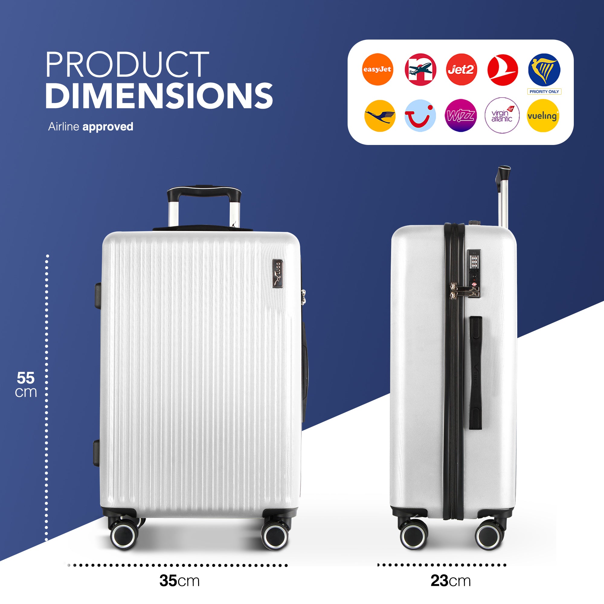 Vacay 20” Suitcase ABS Luggage with TSA Indent Lock, Aluminium Trolley Handle, 360° Spinner Wheels - Airline Compatible (55 x 35 x 23cm) - Pearl