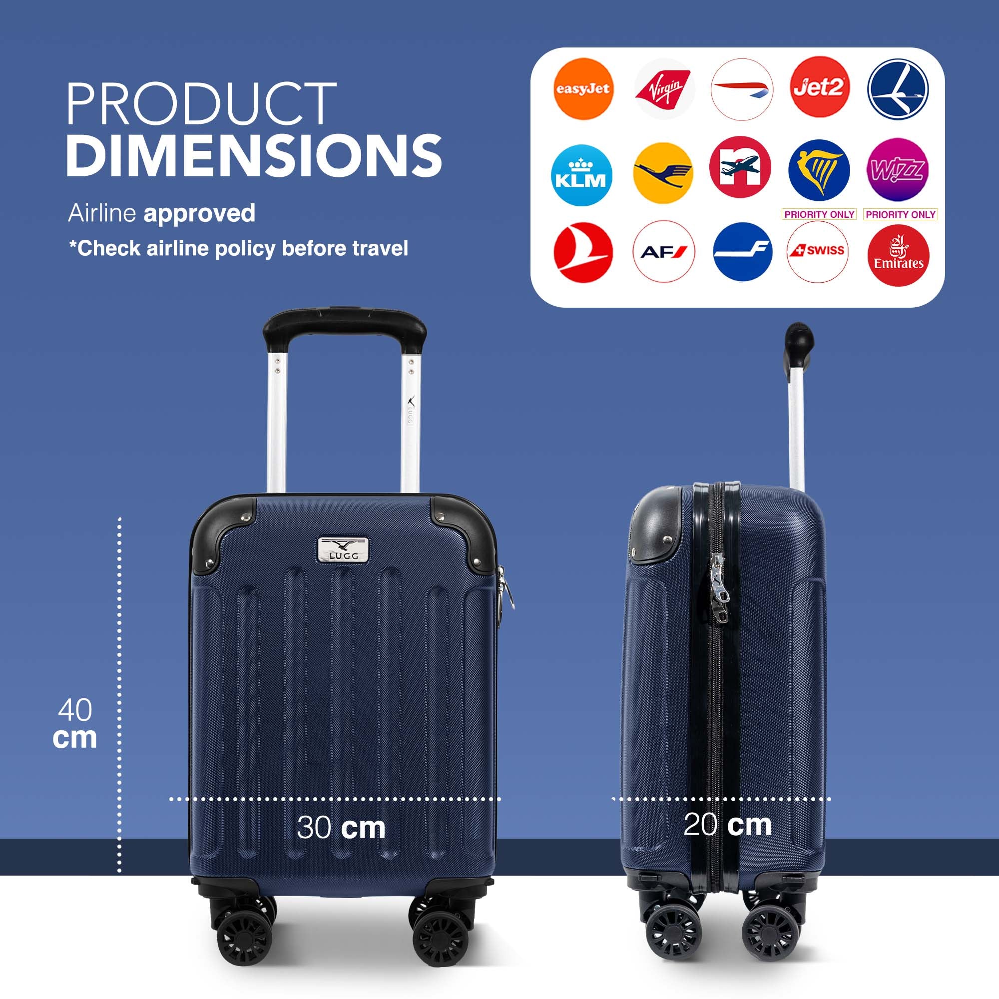 LUGG 40cm Skywander Lightweight Underseat Cabin Bag – Ryanair & EasyJet Approved Carry-On Suitcase, Durable ABS Hard Shell, Smooth Double Spinner Wheels, Water-Resistant & Compact Luggage (40x30x20cm, without wheels) - Midnight Blue