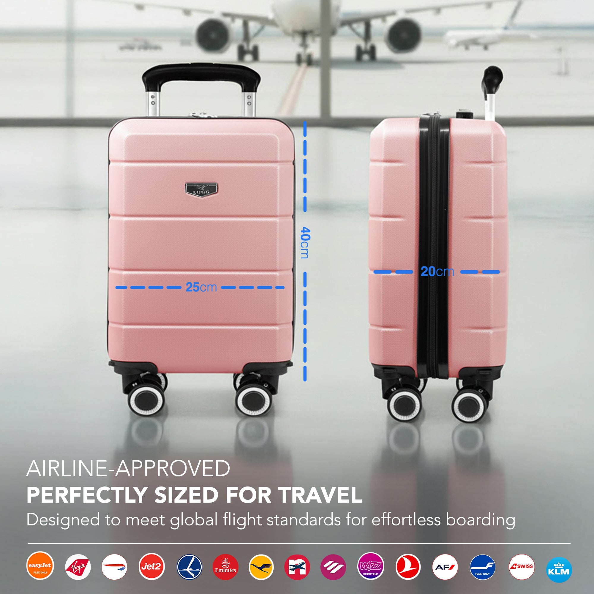 LUGG - Jetset 40cm Suitcase - 40x25x20cm- Ryanair Compatible - Underseat Size - Hard Shell ABS - Spinner & Removable Wheels - Lightweight Travel Luggage- Rose Gold