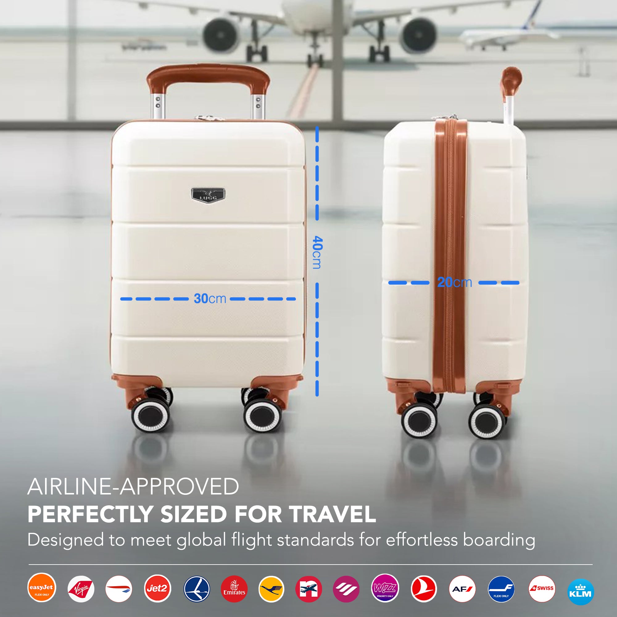 LUGG - Jetset 40cm Suitcase - 40x30x20cm- Ryanair Compatible - Underseat Size - Hard Shell ABS - Spinner & Removable Wheels - Lightweight Travel Luggage- Cream/Brown
