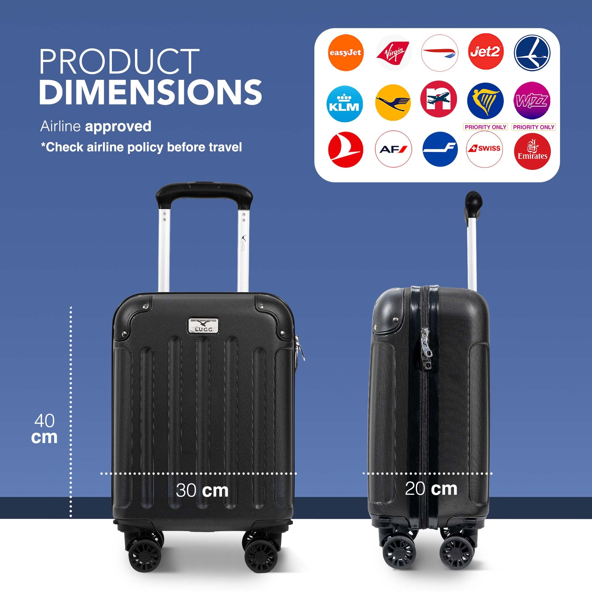 LUGG 40cm Skywander Lightweight Underseat Cabin Bag – Ryanair & EasyJet Approved Carry-On Suitcase, Durable ABS Hard Shell, Smooth Double Spinner Wheels, Water-Resistant & Compact Luggage, (40x30x20cm, without wheels) - Black