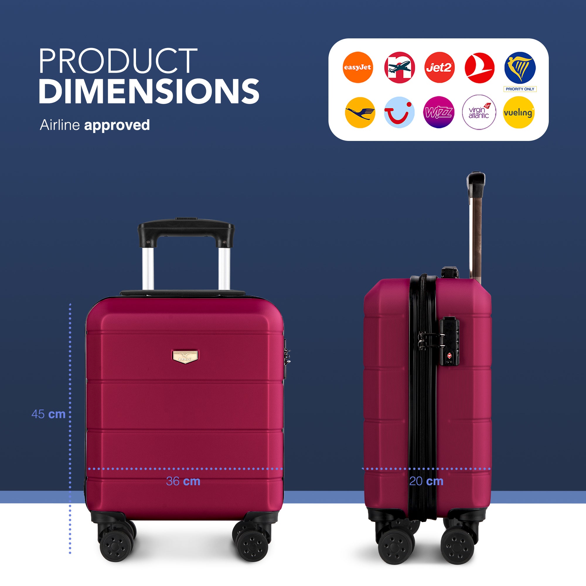 LUGG Jetset 15 Inch ABS Shell Protection Water Resistant & Safe Locking System Easyjet Free Under Seat Luggage (45x33x20cm) - Burgundy