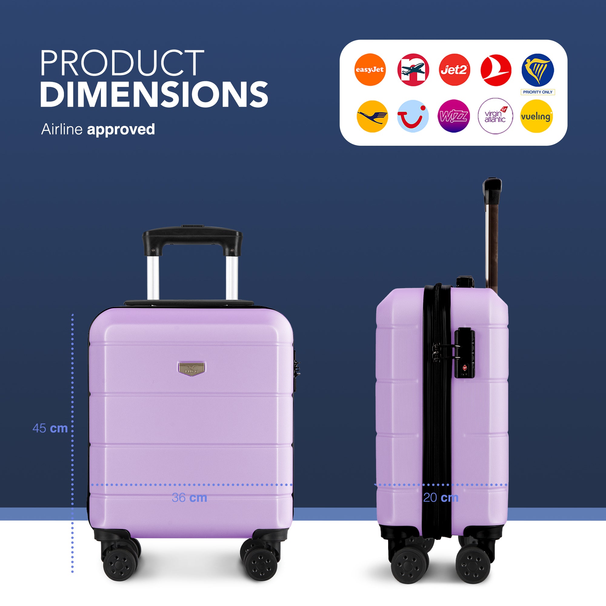 LUGG Jetset 15 Inch ABS Shell Protection Water Resistant & Safe Locking System Easyjet Free Under Seat Luggage (45x33x20cm) - Lavender