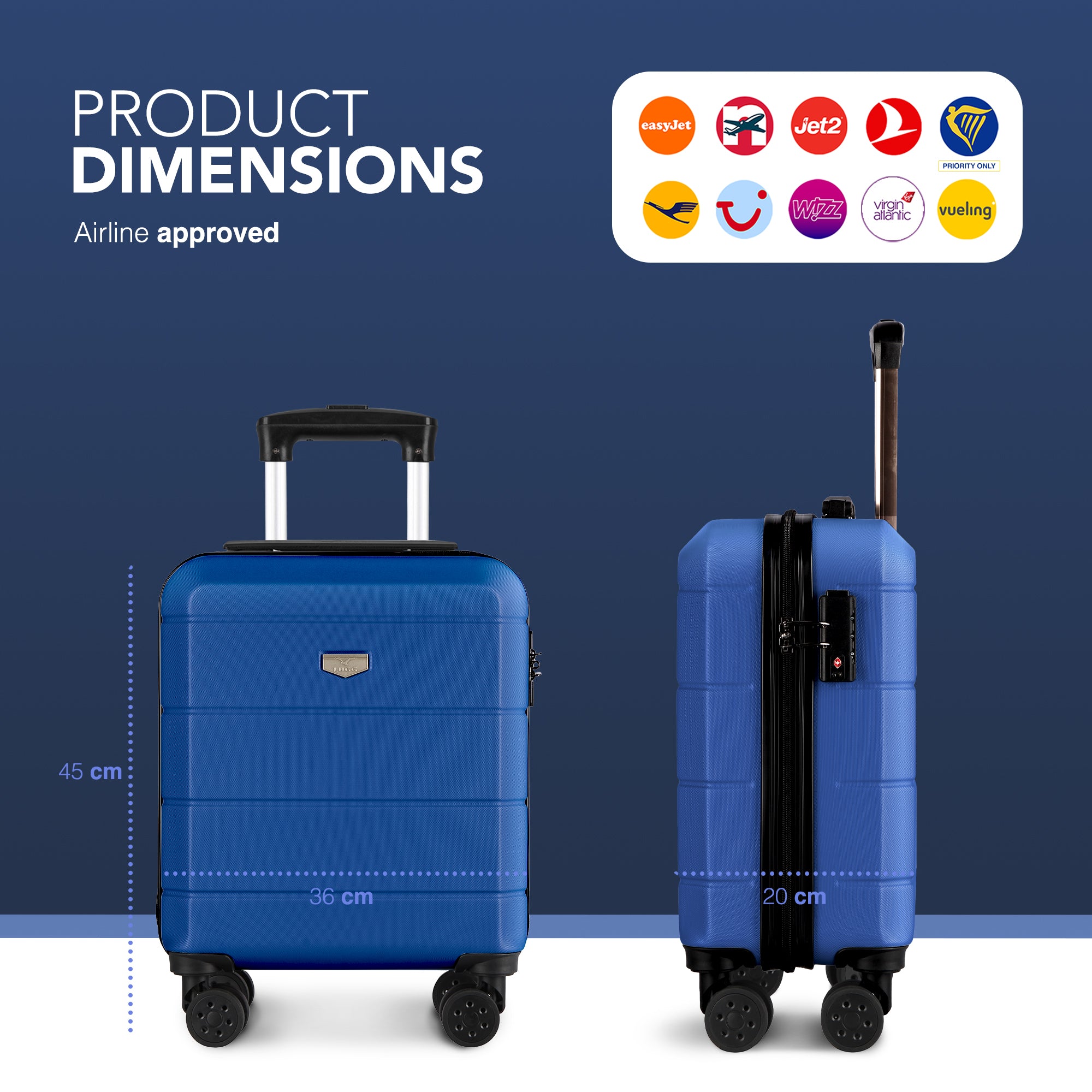 LUGG Jetset 15 Inch ABS Shell Protection Water Resistant & Safe Locking System Easyjet Free Under Seat Luggage (45x33x20cm) - Blue