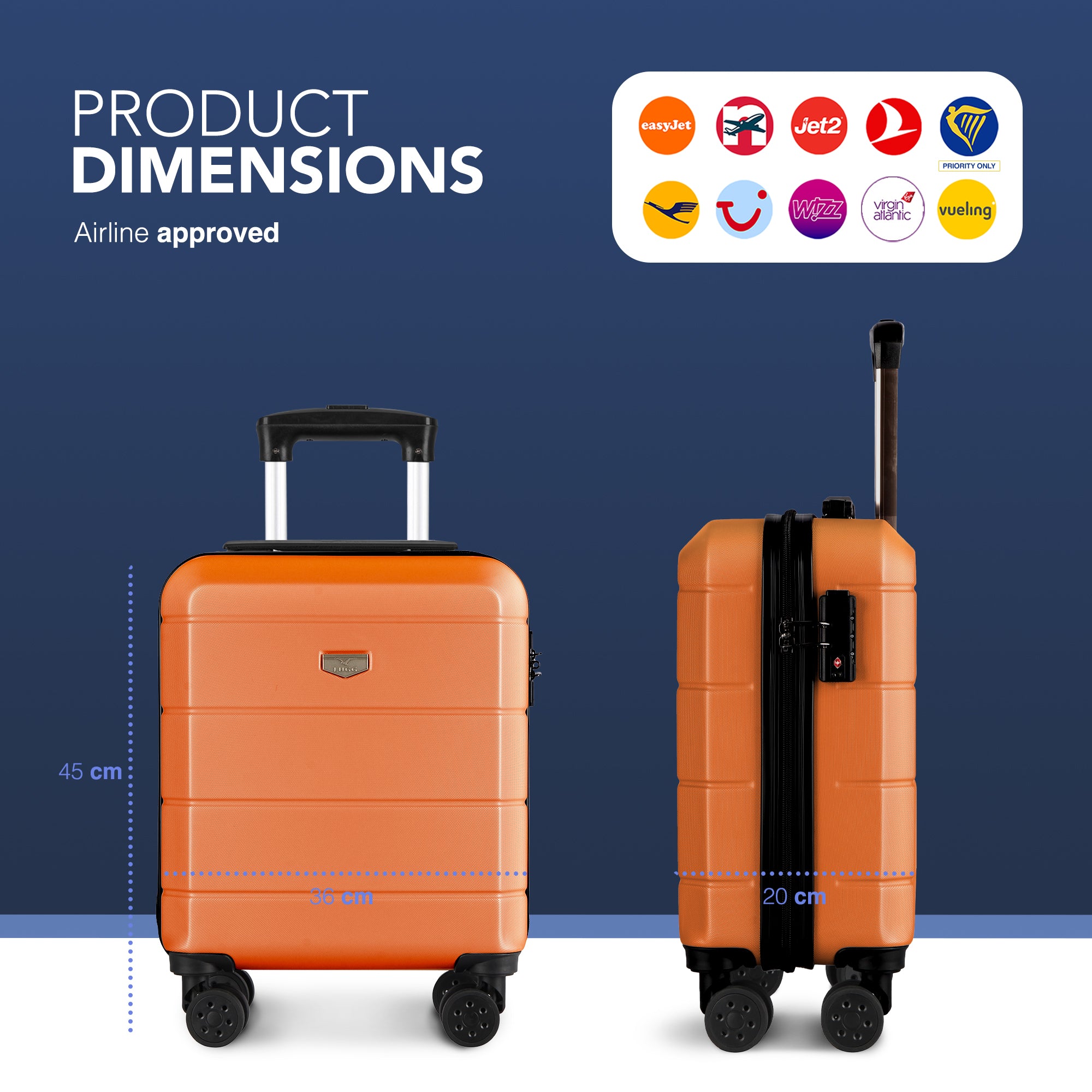 LUGG Jetset 15 Inch ABS Shell Protection Water Resistant & Safe Locking System Easyjet Free Under Seat Luggage (45x33x20cm) - Orange