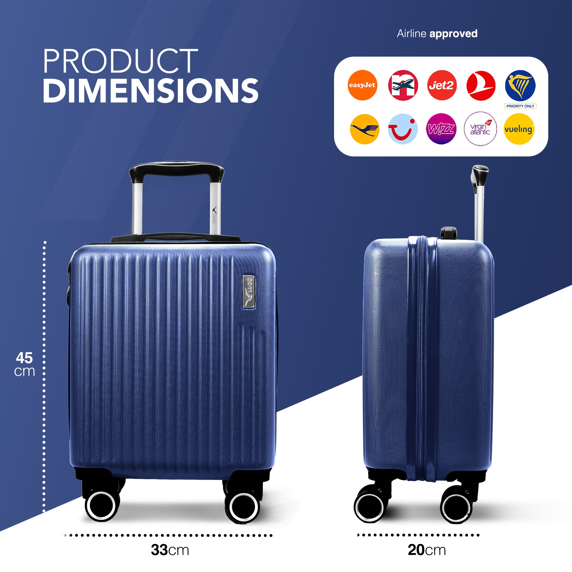 Vacay 15” Suitcase ABS Luggage, Aluminium Trolley Handle, 360° Spinner Wheels - Airline Compatible (45 x 33x 20cm) - Dusk