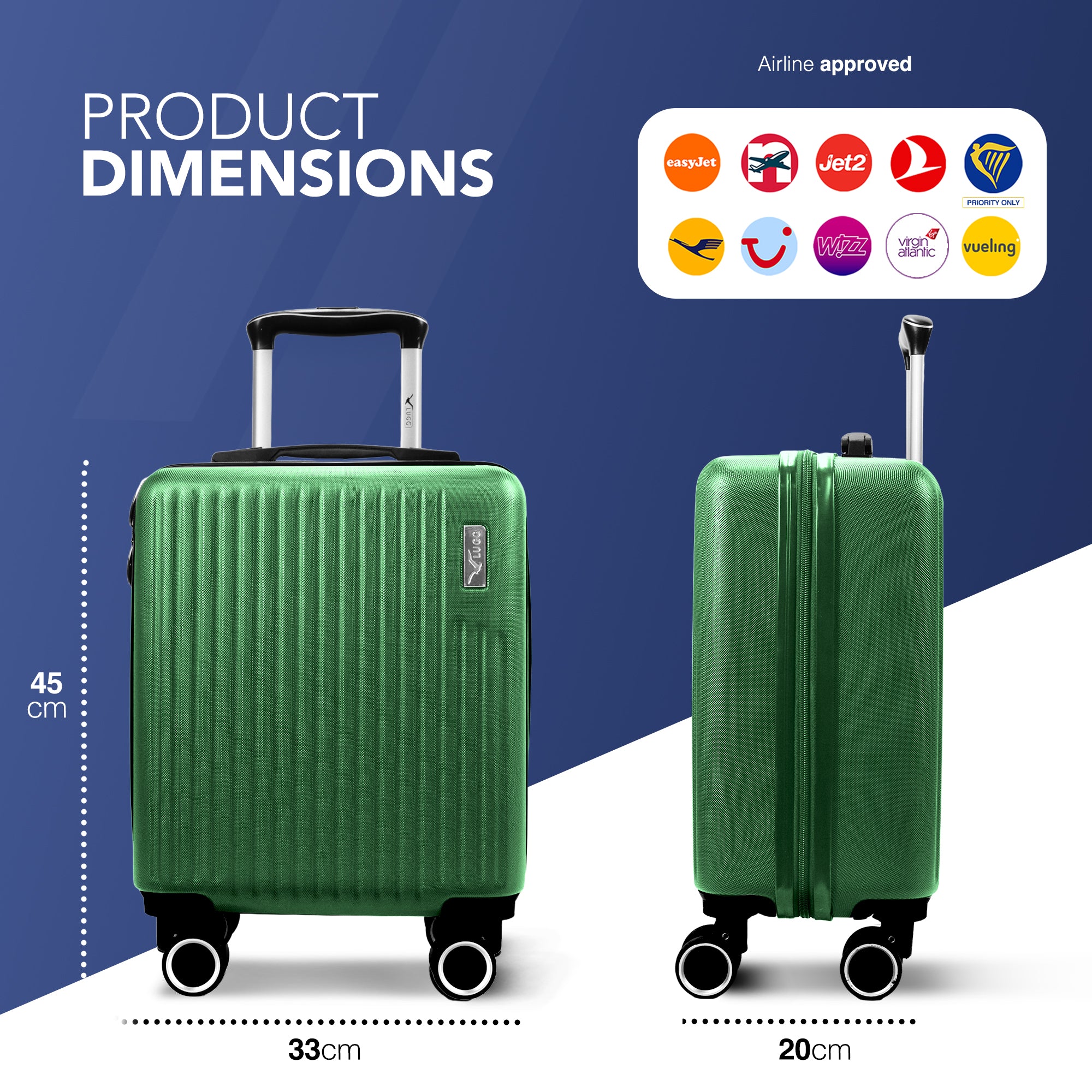 Vacay 15” Suitcase ABS Luggage, Aluminium Trolley Handle, 360° Spinner Wheels - Airline Compatible (45 x 33x 20cm) - Forest