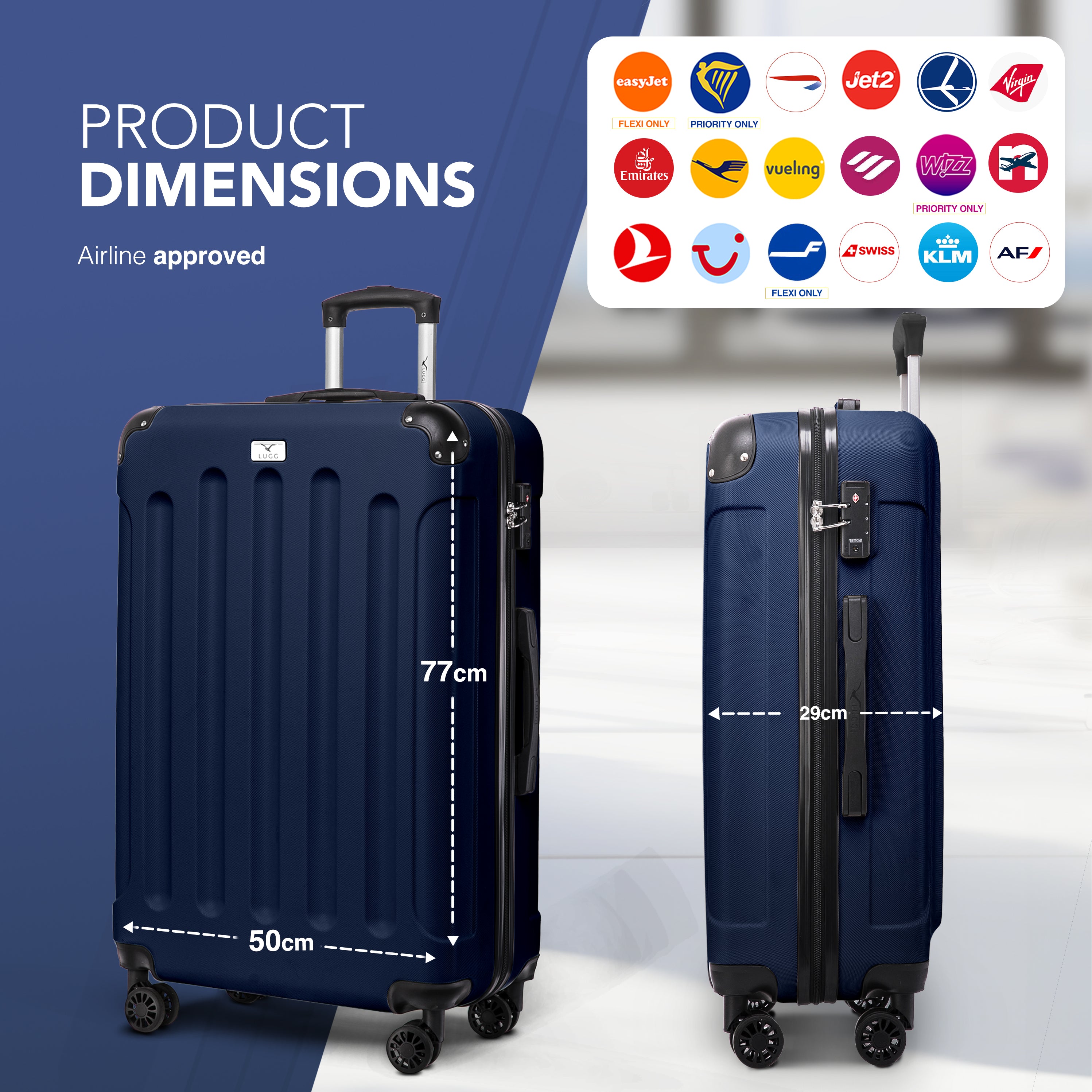 LUGG Skywander 28” Lightweight Luggage - 77cm x 50cm x 29cm - Strong & Lightweight with Secure TSA Lock, Smooth 360° Wheels & Resilient Handle- Midnight Blue