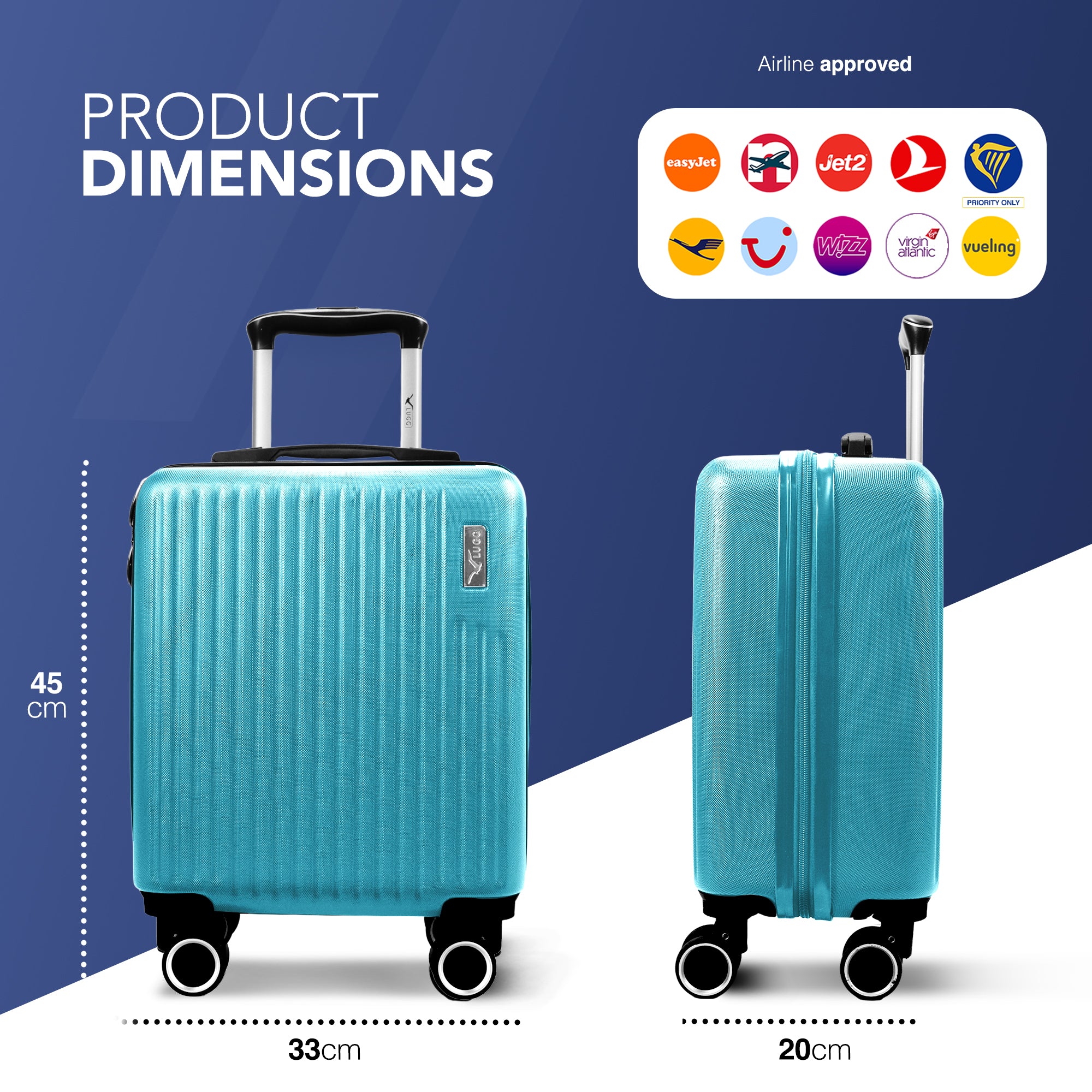 Vacay 15” Suitcase ABS Luggage, Aluminium Trolley Handle, 360° Spinner Wheels - Airline Compatible (45 x 33x 20cm) - Ocean