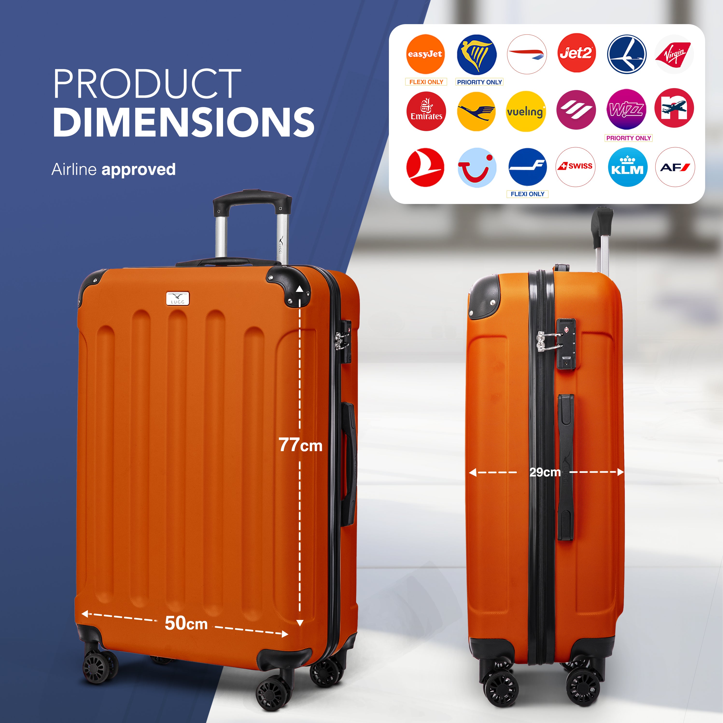 LUGG Skywander 28” Lightweight Luggage - 77cm x 50cm x 29cm - Strong & Lightweight with Secure TSA Lock, Smooth 360° Wheels & Resilient Handle- Orange