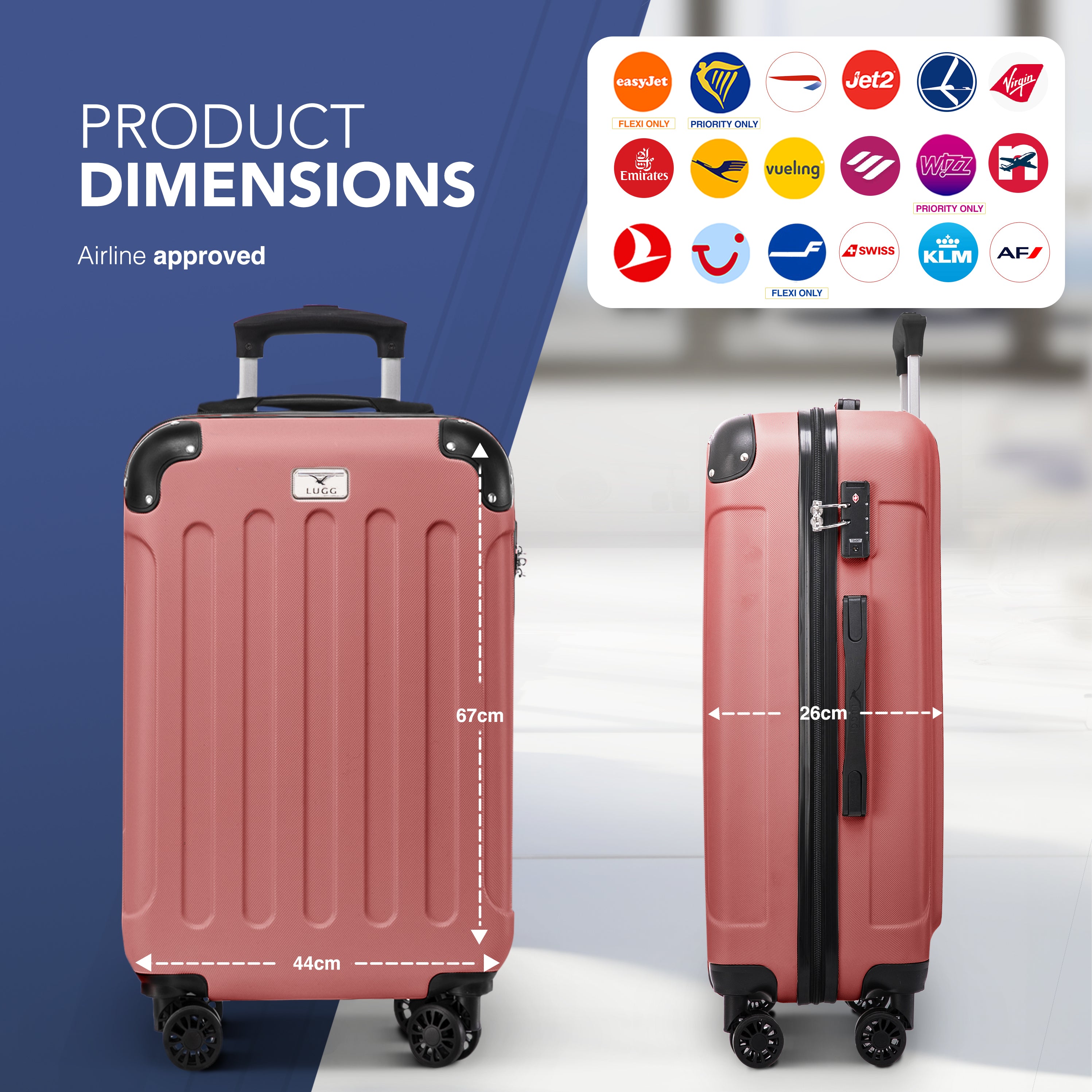 LUGG Skywander 24” Lightweight Underseat Cabin Bag - 67cm x 44cm x 26cm – EasyJet Approved Carry-On Suitcase, Durable ABS Hard Shell- Rose Gold