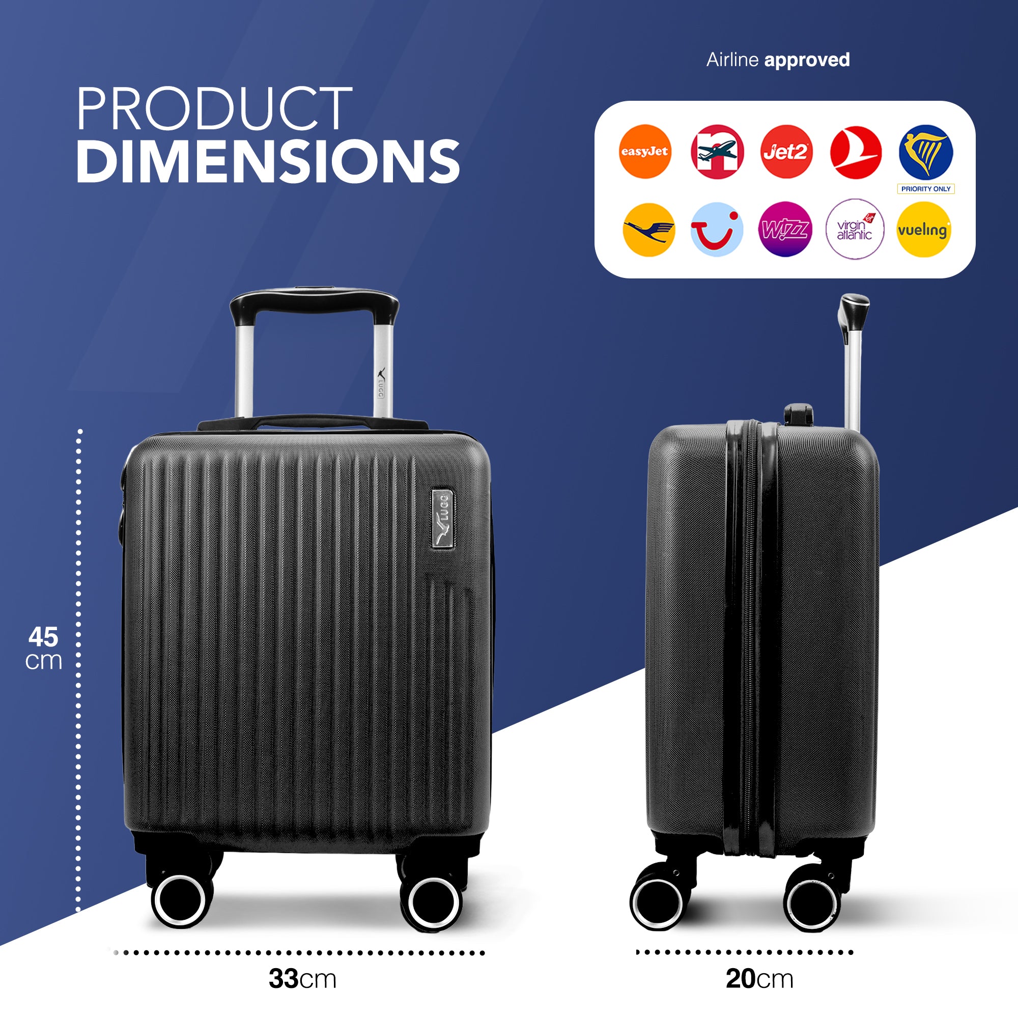 Vacay 15” Suitcase ABS Luggage, Aluminium Trolley Handle, 360° Spinner Wheels - Airline Compatible (45 x 33x 20cm) - Shadow