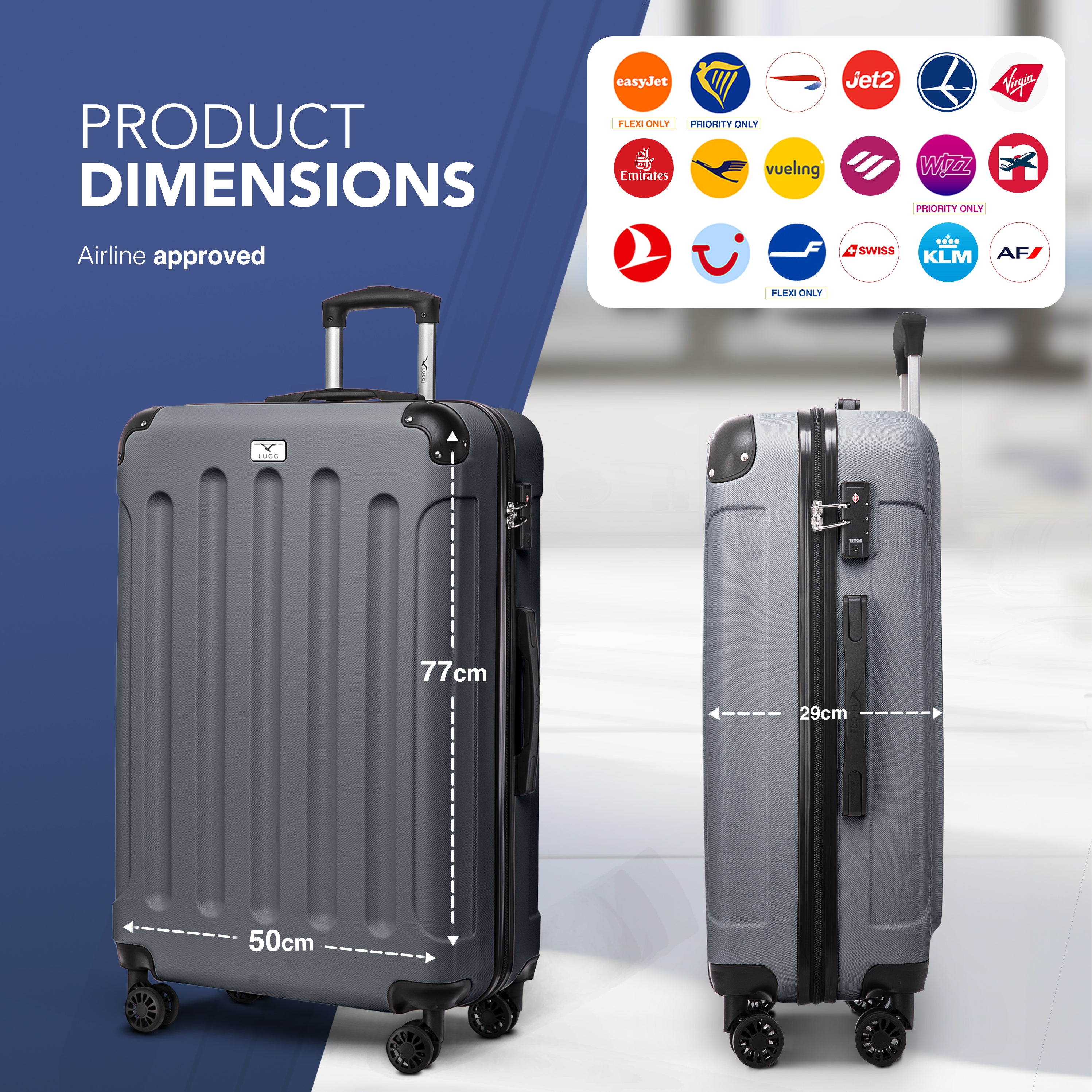 LUGG Skywander 28” Lightweight Luggage - 77cm x 50cm x 29cm - Strong & Lightweight with Secure TSA Lock, Smooth 360° Wheels & Resilient Handle- Silver