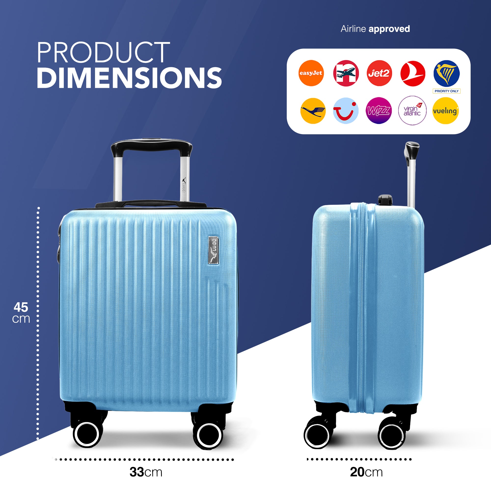 Vacay 15” Suitcase ABS Luggage, Aluminium Trolley Handle, 360° Spinner Wheels - Airline Compatible (45 x 33x 20cm) - Skyblue