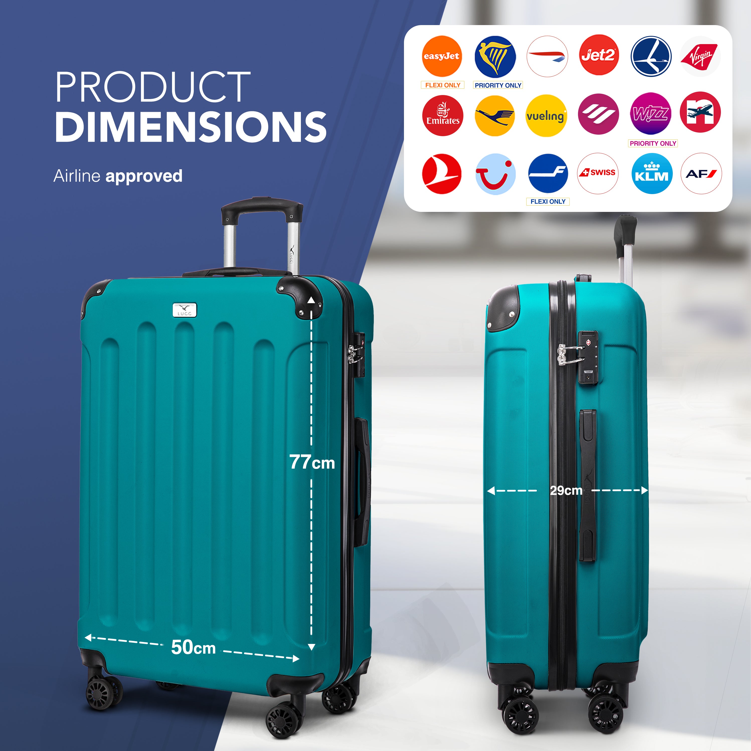 LUGG Skywander 28” Lightweight Luggage - 77cm x 50cm x 29cm - Strong & Lightweight with Secure TSA Lock, Smooth 360° Wheels & Resilient Handle- Teal