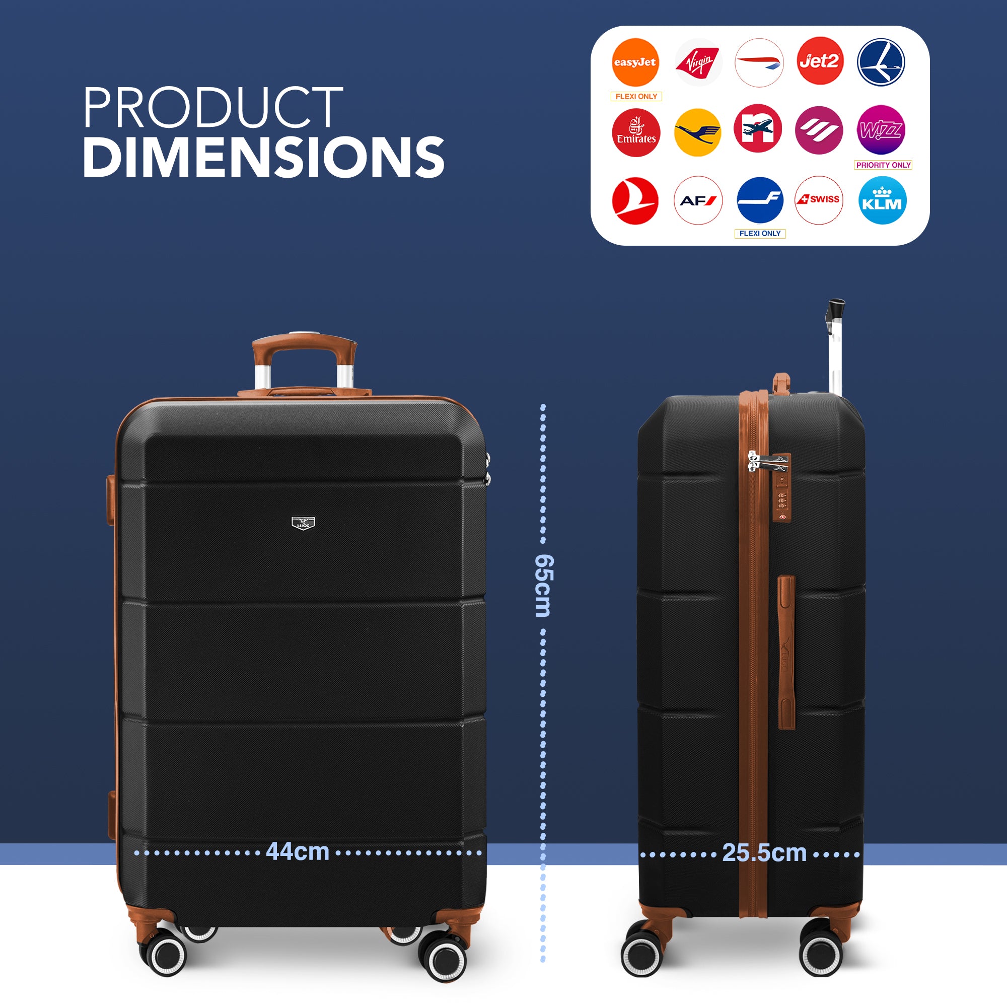 LUGG Jetset 24” Lightweight Travel Carry On Suitcase, ABS, Water Resistant & TSA Lock, Easyjet Overhead- Black with Brown