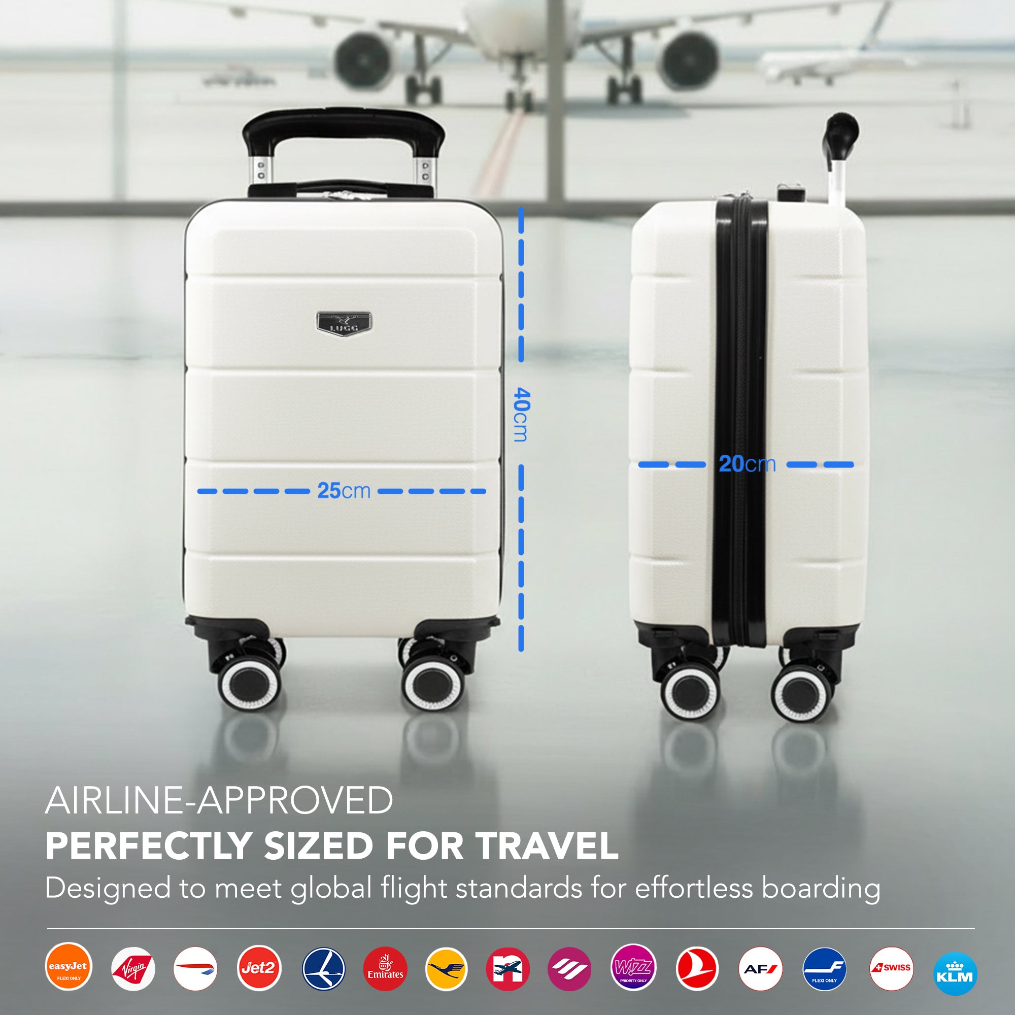 LUGG - Jetset 40cm Suitcase - 40x25x20cm- Ryanair Compatible - Underseat Size - Hard Shell ABS - Spinner & Removable Wheels - Lightweight Travel Luggage- Ivory