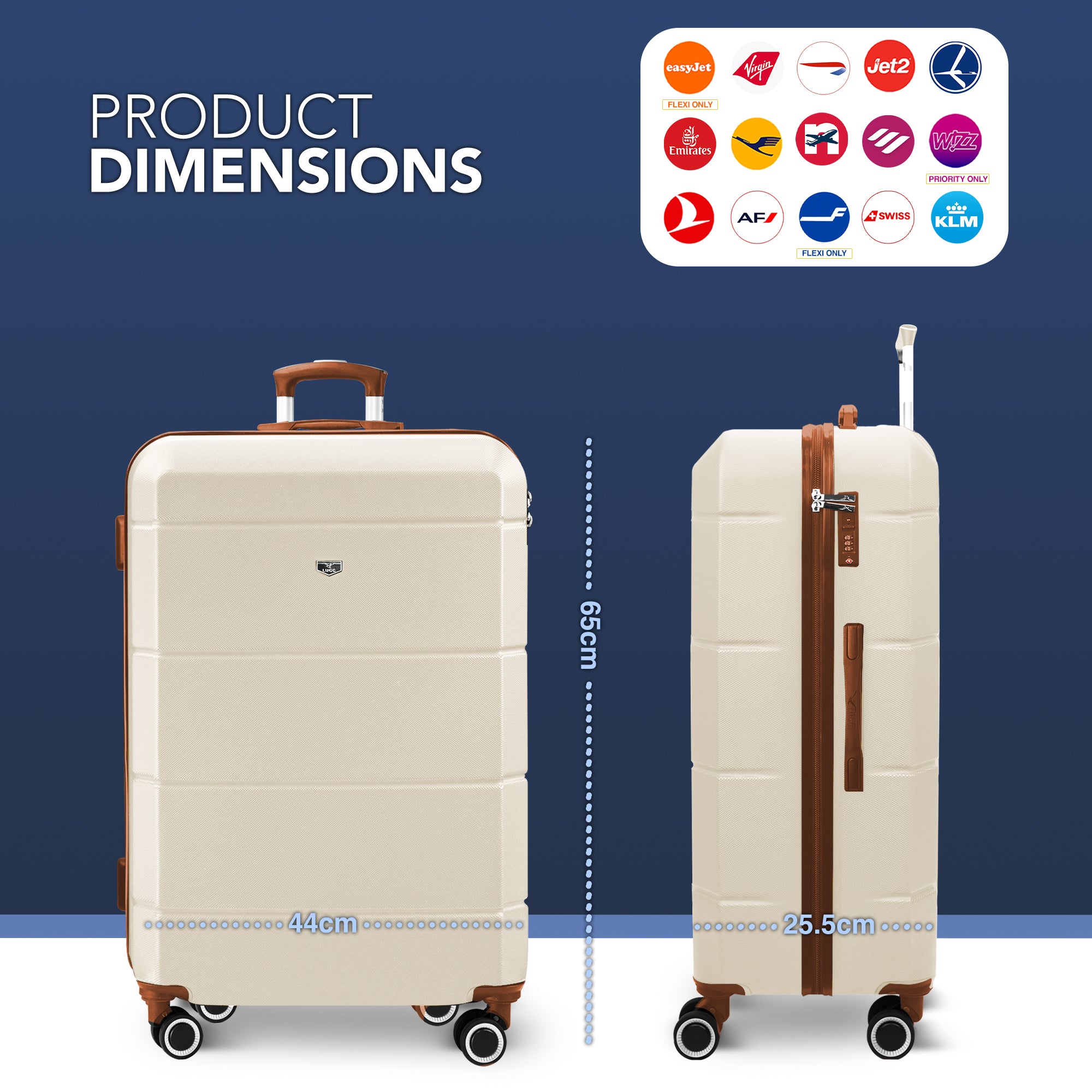 LUGG Jetset 24” Lightweight Travel Carry On Suitcase, ABS, Water Resistant & TSA Lock, Easyjet Overhead- Cream & Brown