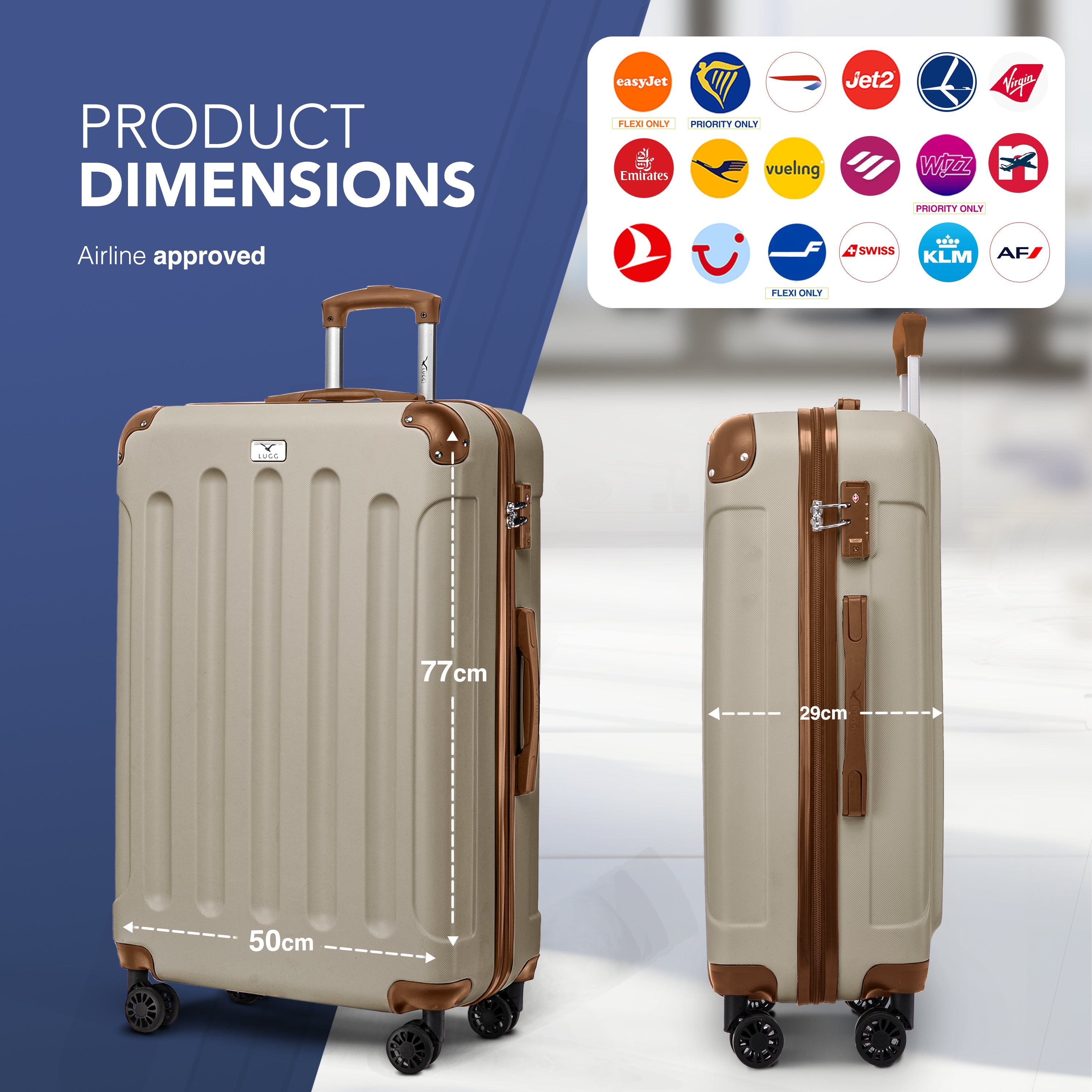 LUGG Skywander 28” Lightweight Luggage - 77cm x 50cm x 29cm - Strong & Lightweight with Secure TSA Lock, Smooth 360° Wheels & Resilient Handle- Cream & Brown