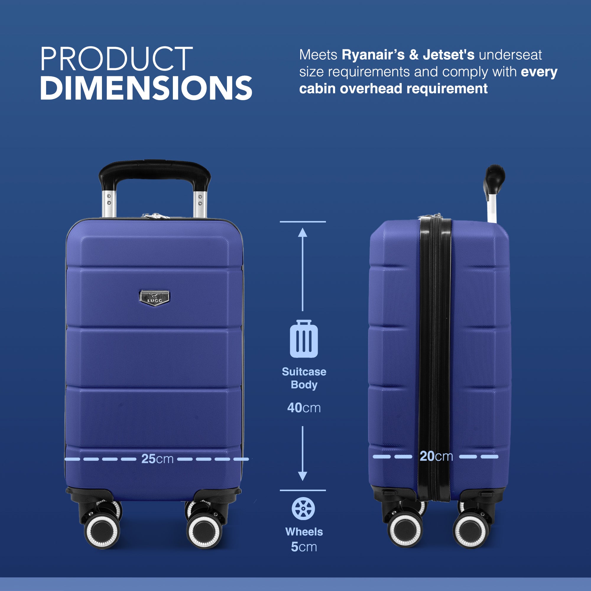 LUGG - Jetset 40cm Suitcase - 40x25x20cm- Ryanair Compatible - Underseat Size - Hard Shell ABS - Spinner & Removable Wheels - Lightweight Travel Luggage- Midnight Blue