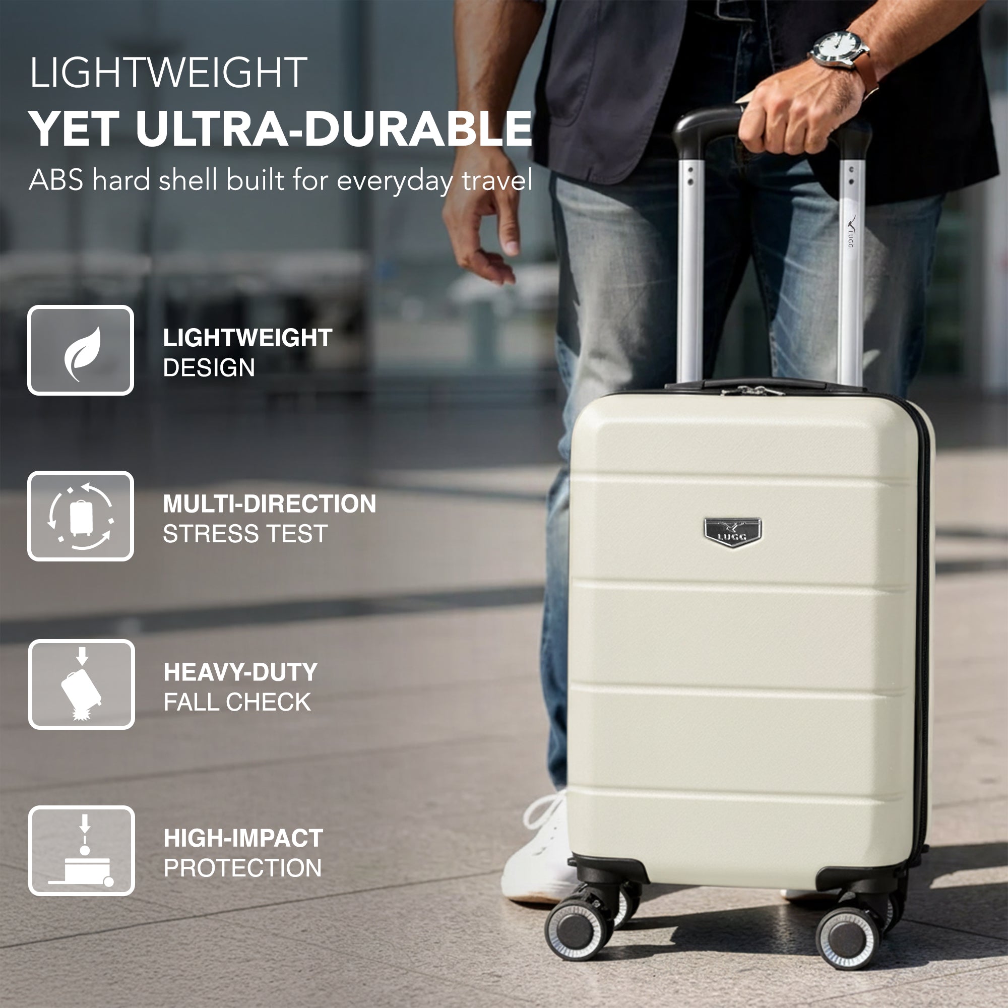 LUGG - Jetset 40cm Suitcase - 40x25x20cm- Ryanair Compatible - Underseat Size - Hard Shell ABS - Spinner & Removable Wheels - Lightweight Travel Luggage- Ivory