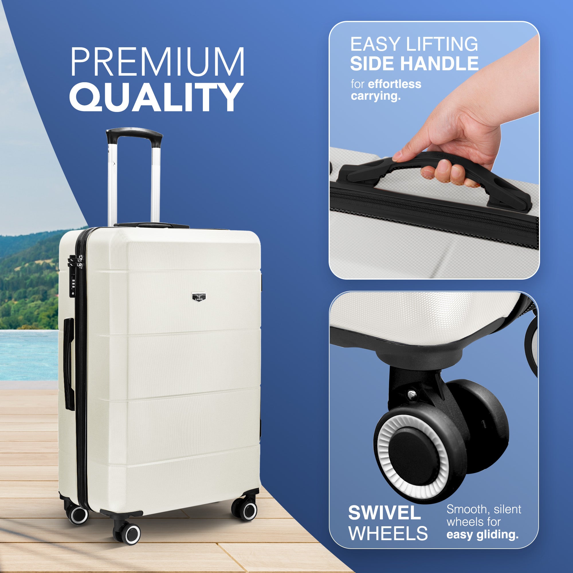 LUGG Jetset 24” Lightweight Travel Carry On Suitcase, ABS, Water Resistant & TSA Lock, Easyjet Overhead- Ivory