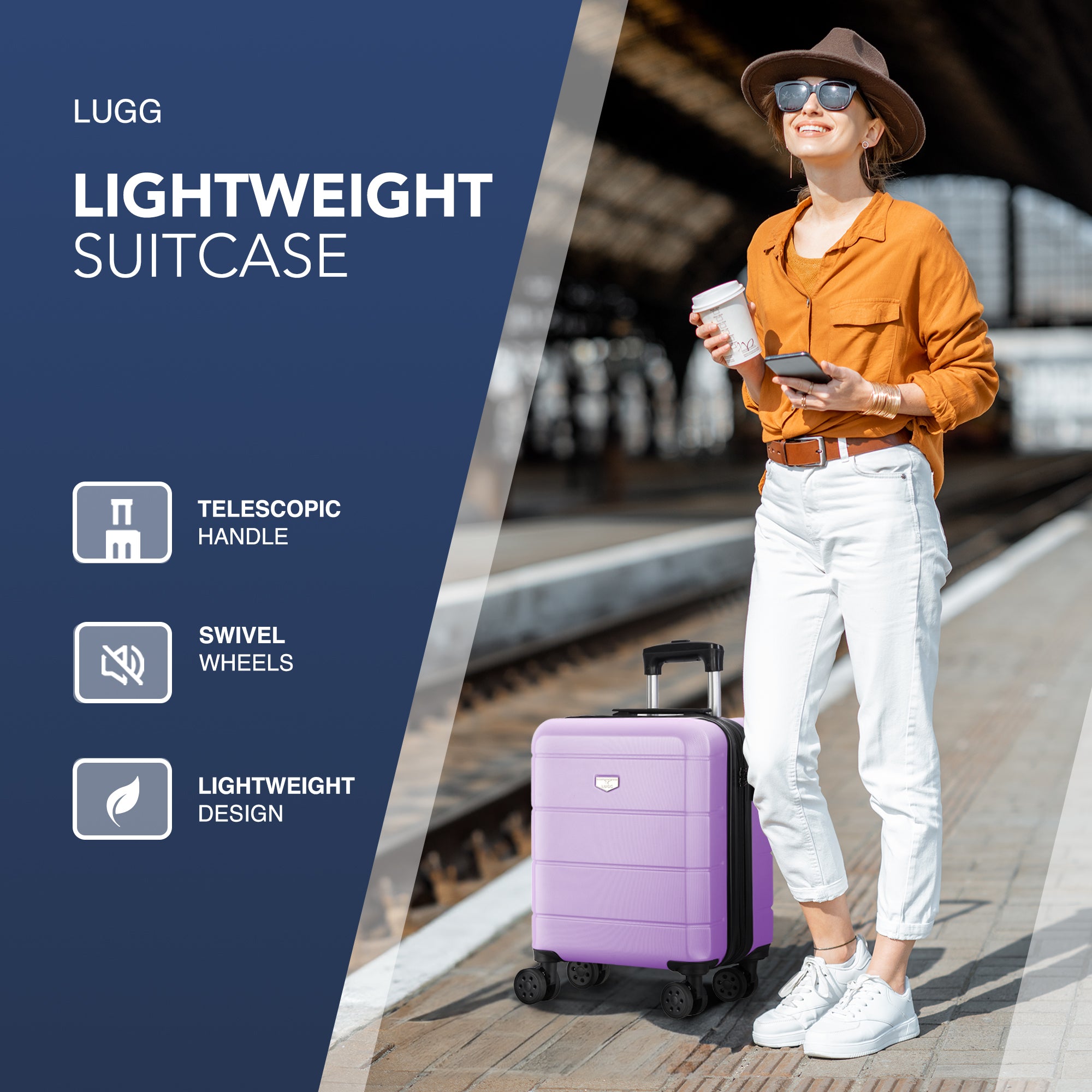 LUGG Jetset 15 Inch ABS Shell Protection Water Resistant & Safe Locking System Easyjet Free Under Seat Luggage (45x33x20cm) - Lavender