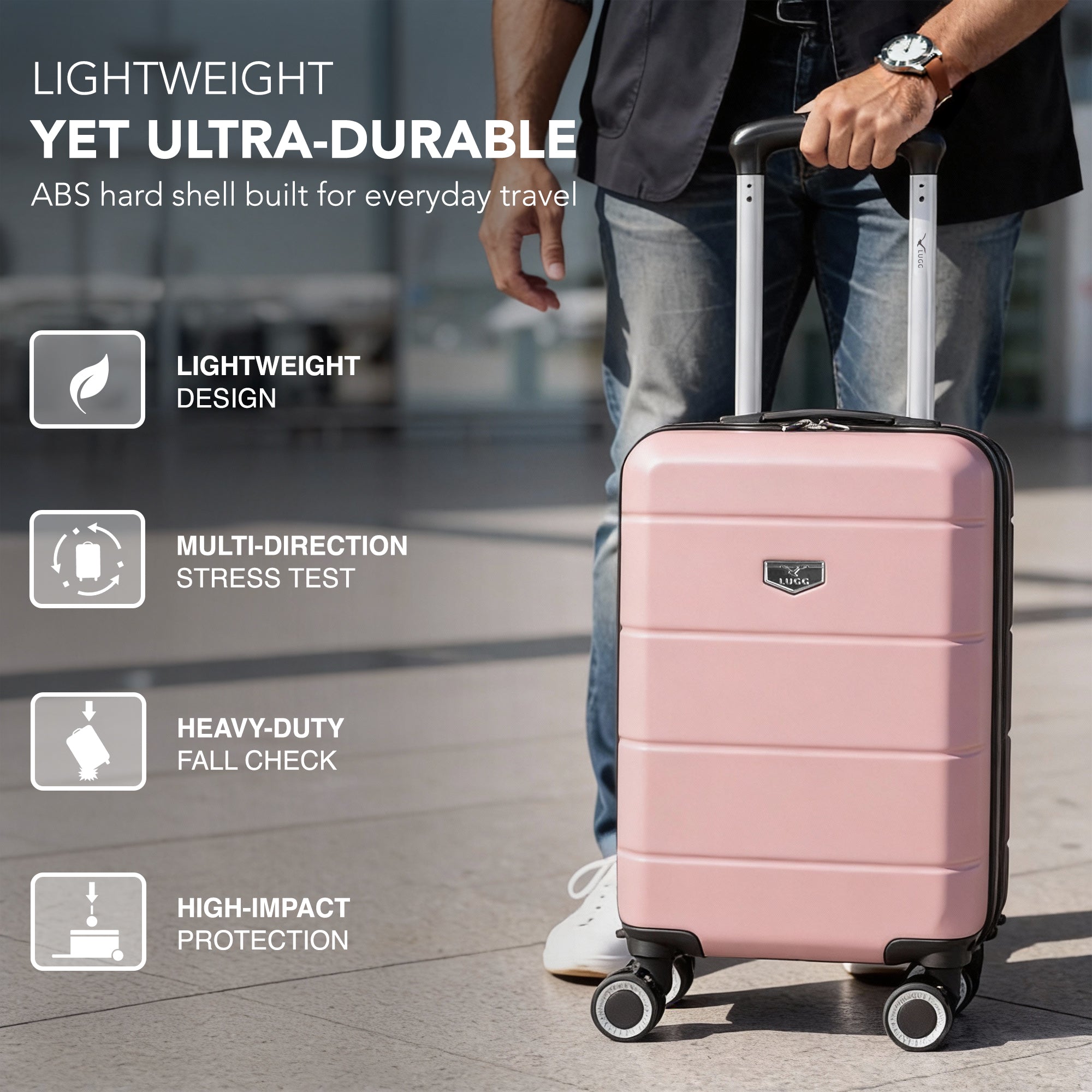 LUGG - Jetset 40cm Suitcase - 40x25x20cm- Ryanair Compatible - Underseat Size - Hard Shell ABS - Spinner & Removable Wheels - Lightweight Travel Luggage- Rose Gold