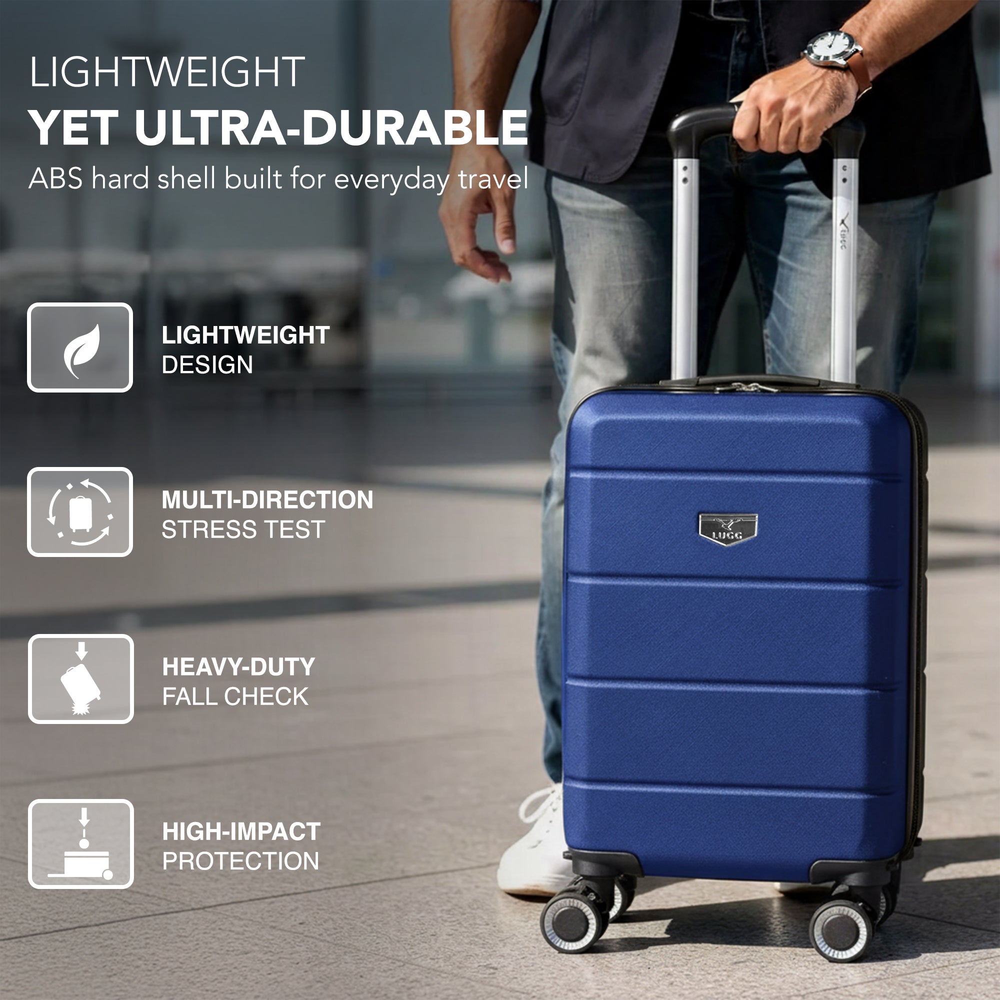 LUGG - Jetset 40cm Suitcase - 40x25x20cm- Ryanair Compatible - Underseat Size - Hard Shell ABS - Spinner & Removable Wheels - Lightweight Travel Luggage- Midnight Blue