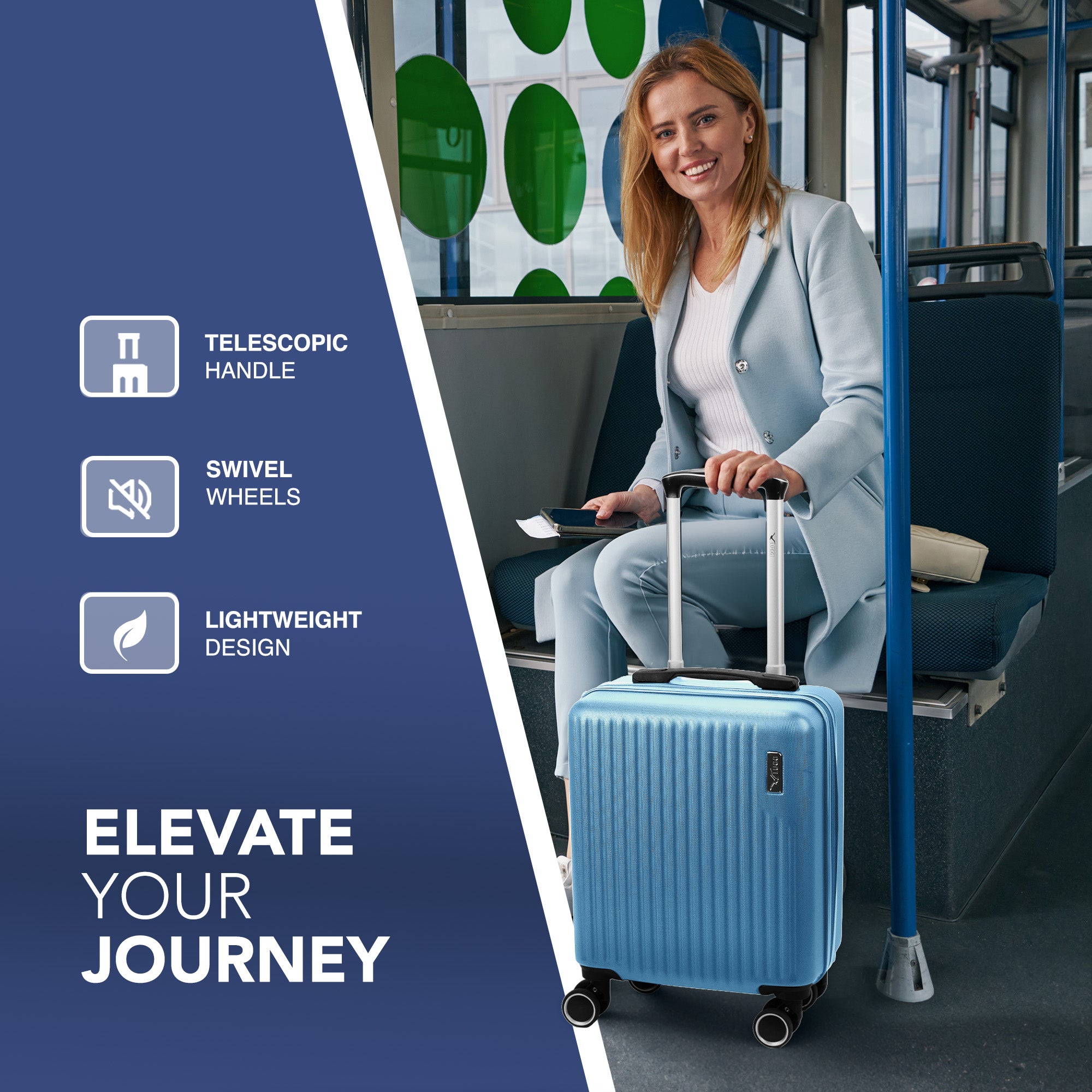 Vacay 15” Suitcase ABS Luggage, Aluminium Trolley Handle, 360° Spinner Wheels - Airline Compatible (45 x 33x 20cm) - Skyblue