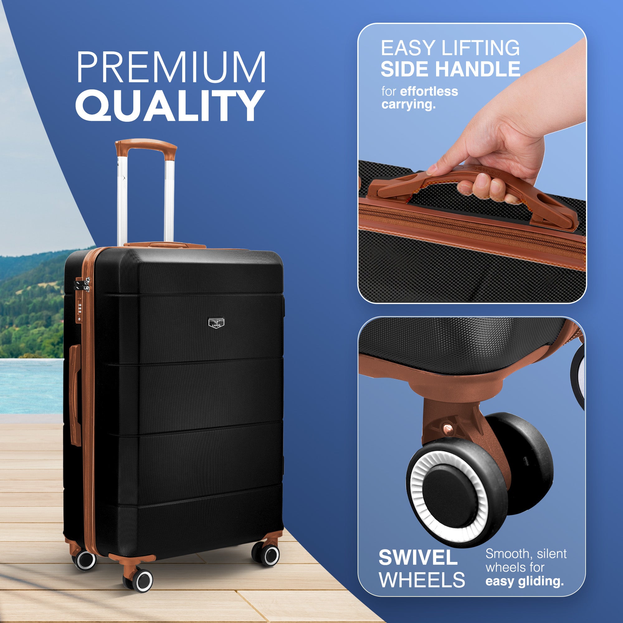 LUGG Jetset 24” Lightweight Travel Carry On Suitcase, ABS, Water Resistant & TSA Lock, Easyjet Overhead- Black with Brown