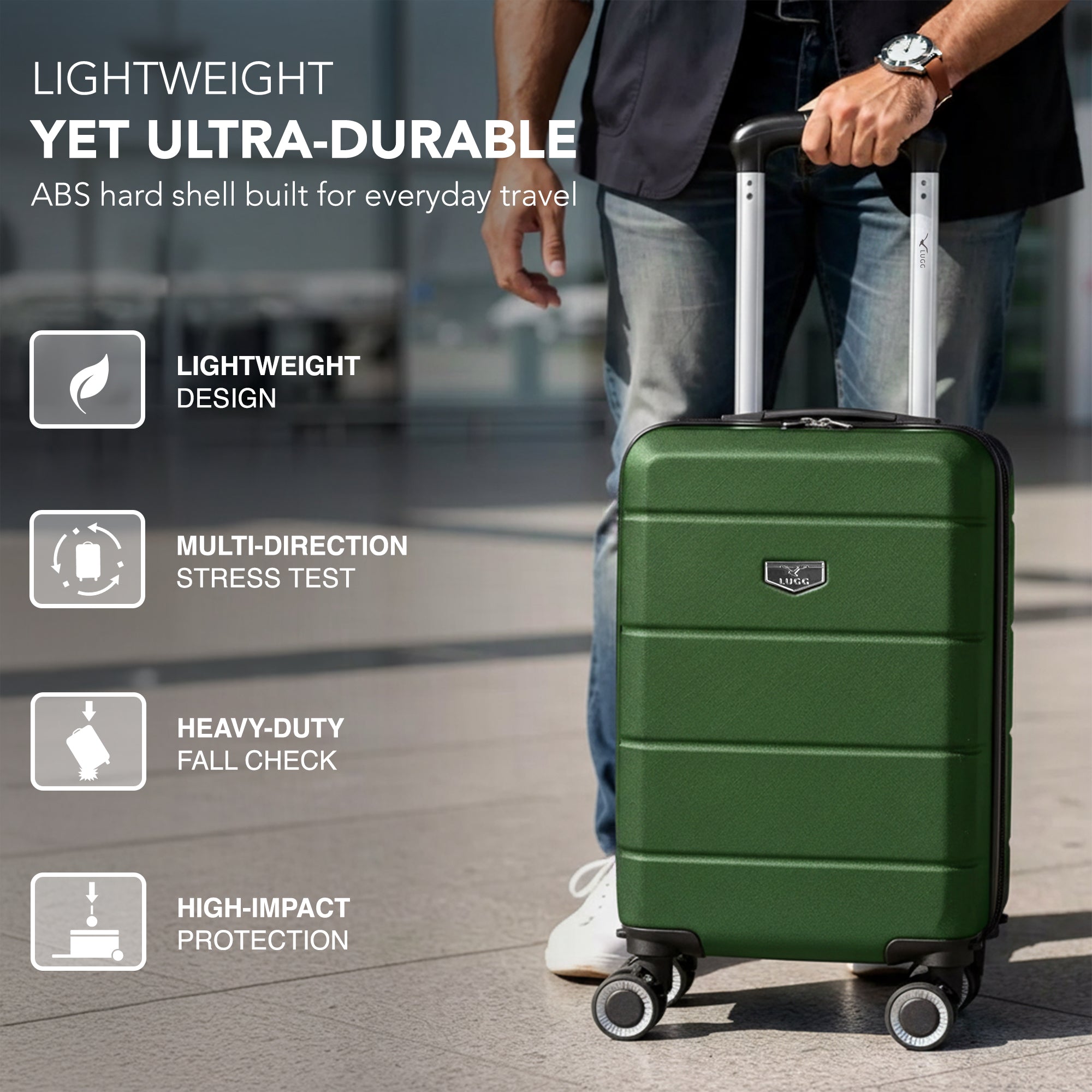 LUGG - Jetset 40cm Suitcase - 40x30x20cm- Ryanair Compatible - Underseat Size - Hard Shell ABS - Spinner & Removable Wheels - Lightweight Travel Luggage- Army Green