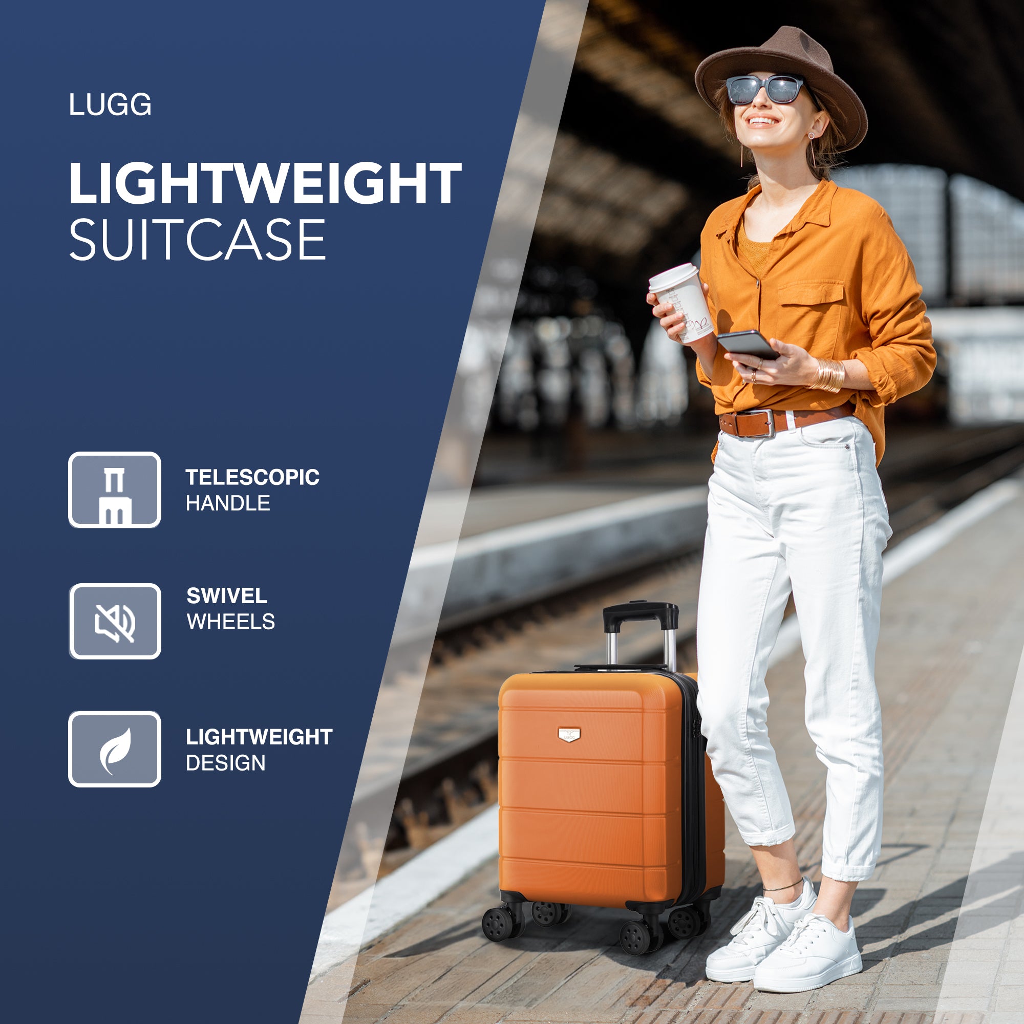 LUGG Jetset 15 Inch ABS Shell Protection Water Resistant & Safe Locking System Easyjet Free Under Seat Luggage (45x33x20cm) - Orange