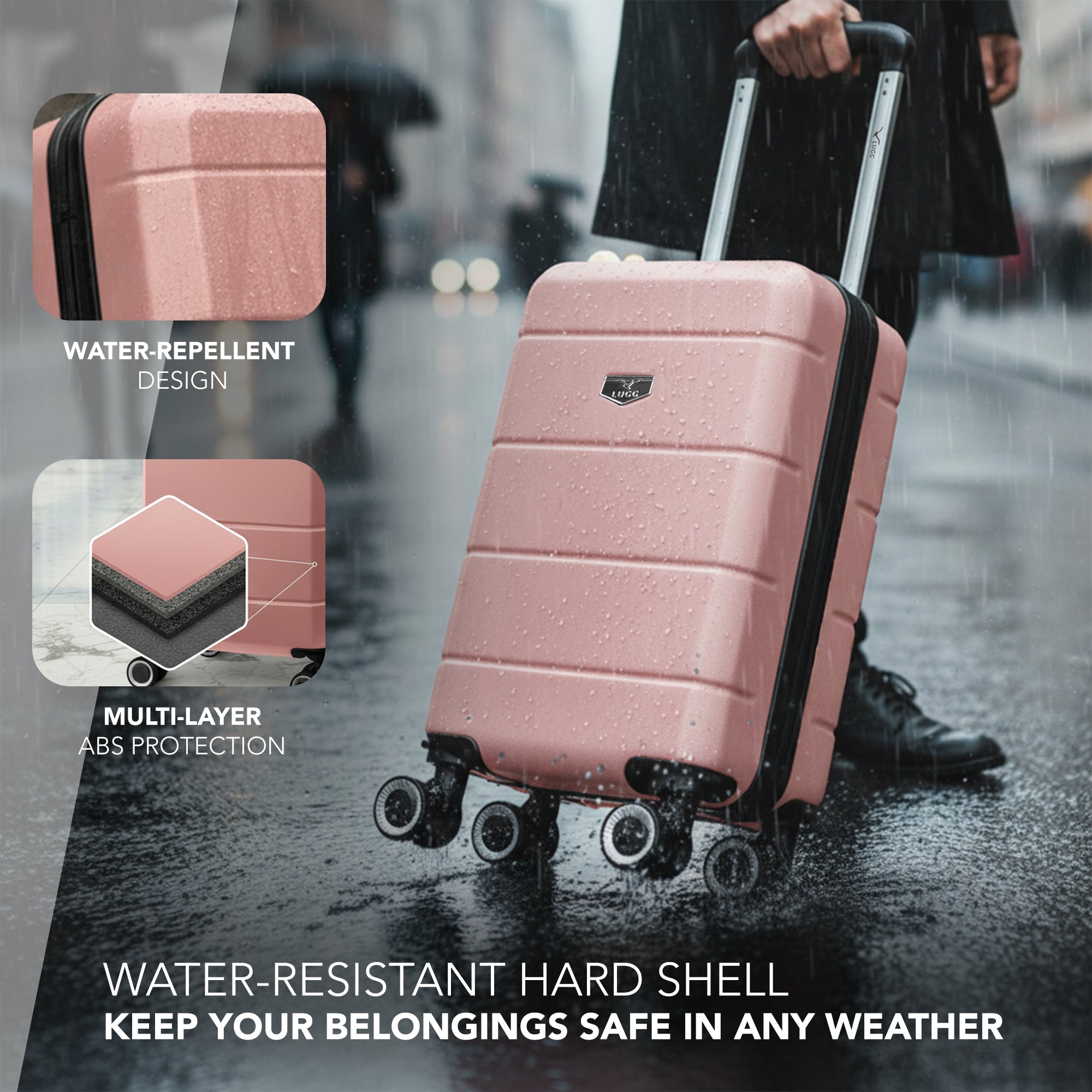 LUGG - Jetset 40cm Suitcase - 40x25x20cm- Ryanair Compatible - Underseat Size - Hard Shell ABS - Spinner & Removable Wheels - Lightweight Travel Luggage- Rose Gold