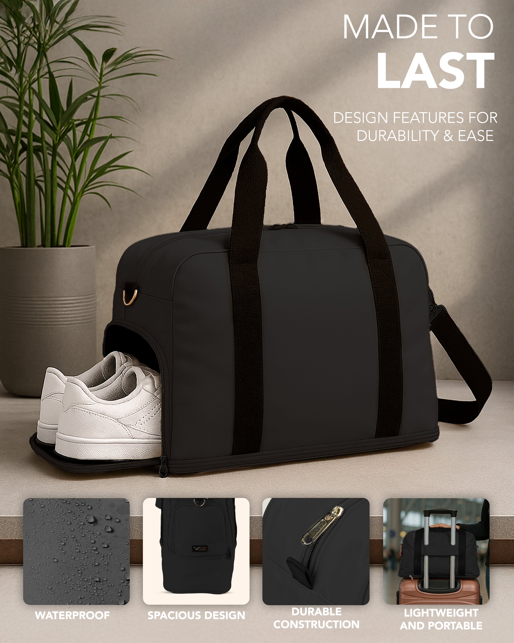 LUGG Duffle & Toiletry Bag Set – Waterproof Travel Bags for Men & Women - Black