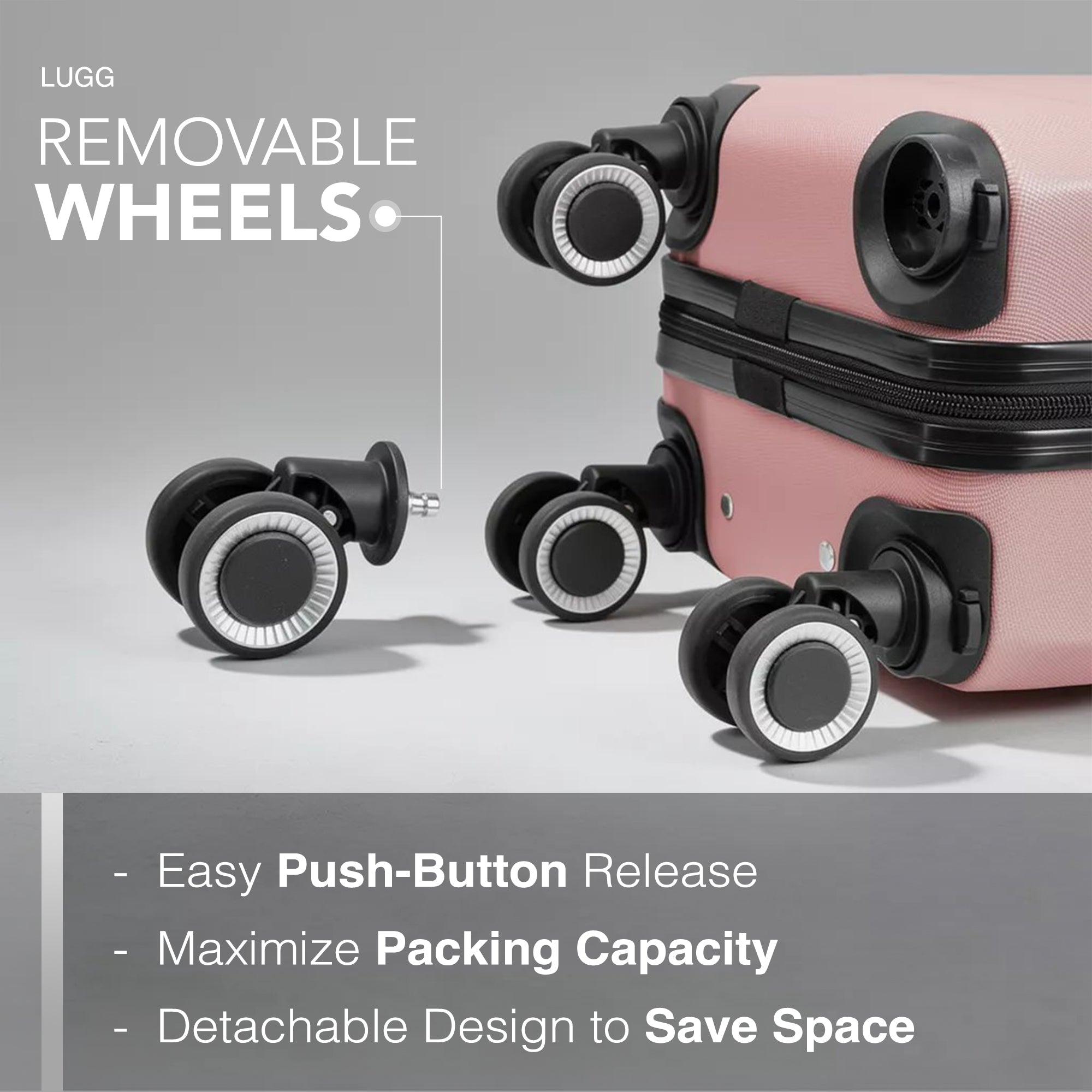 LUGG - Jetset 40cm Suitcase - 40x25x20cm- Ryanair Compatible - Underseat Size - Hard Shell ABS - Spinner & Removable Wheels - Lightweight Travel Luggage- Rose Gold