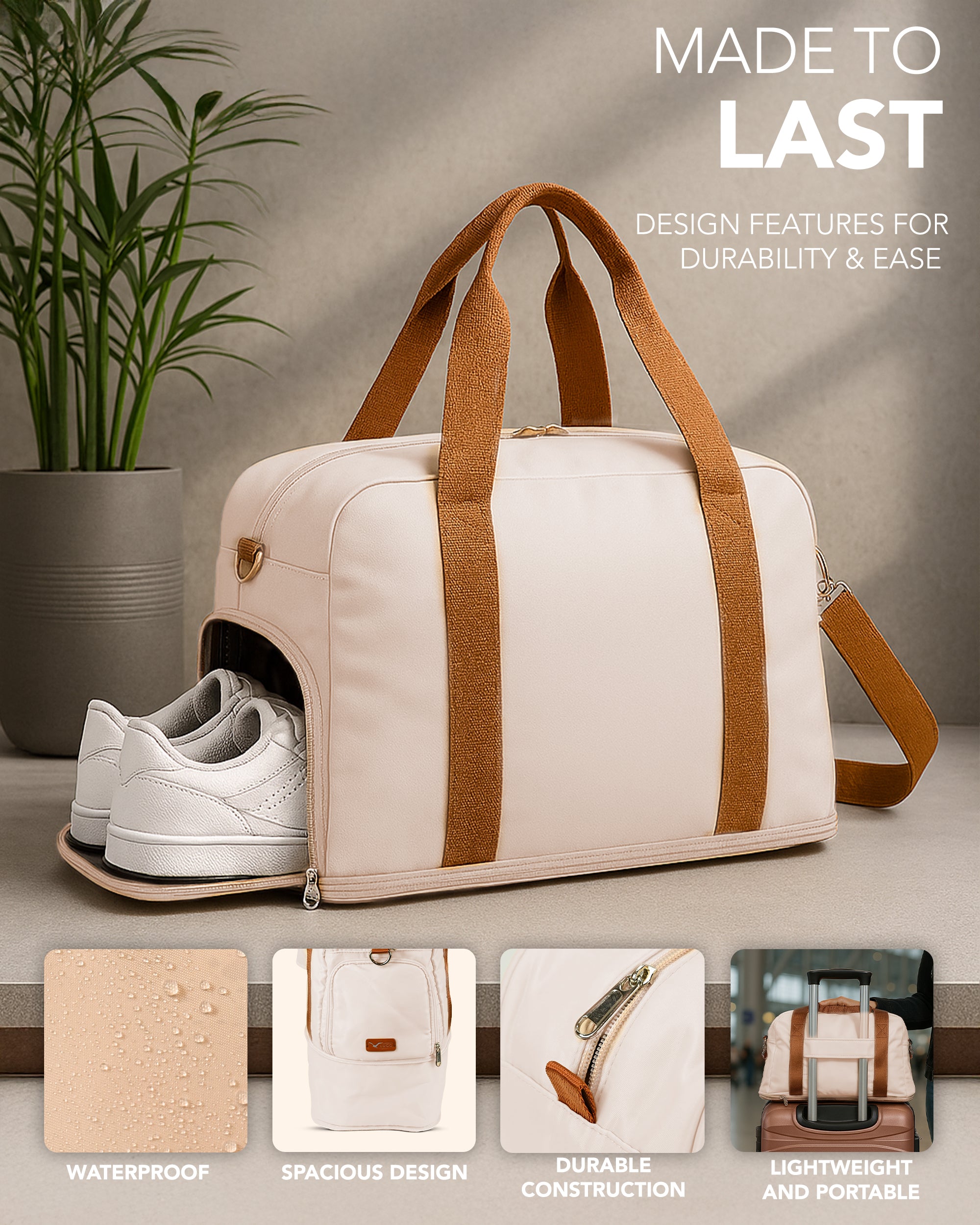 LUGG Duffle & Toiletry Bag Set – Waterproof Travel Bags for Men & Women - Cream