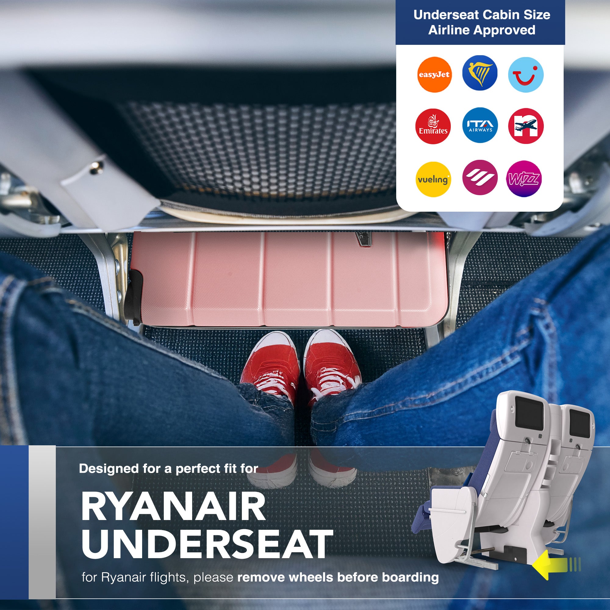 LUGG - Jetset 40cm Suitcase - 40x25x20cm- Ryanair Compatible - Underseat Size - Hard Shell ABS - Spinner & Removable Wheels - Lightweight Travel Luggage- Rose Gold