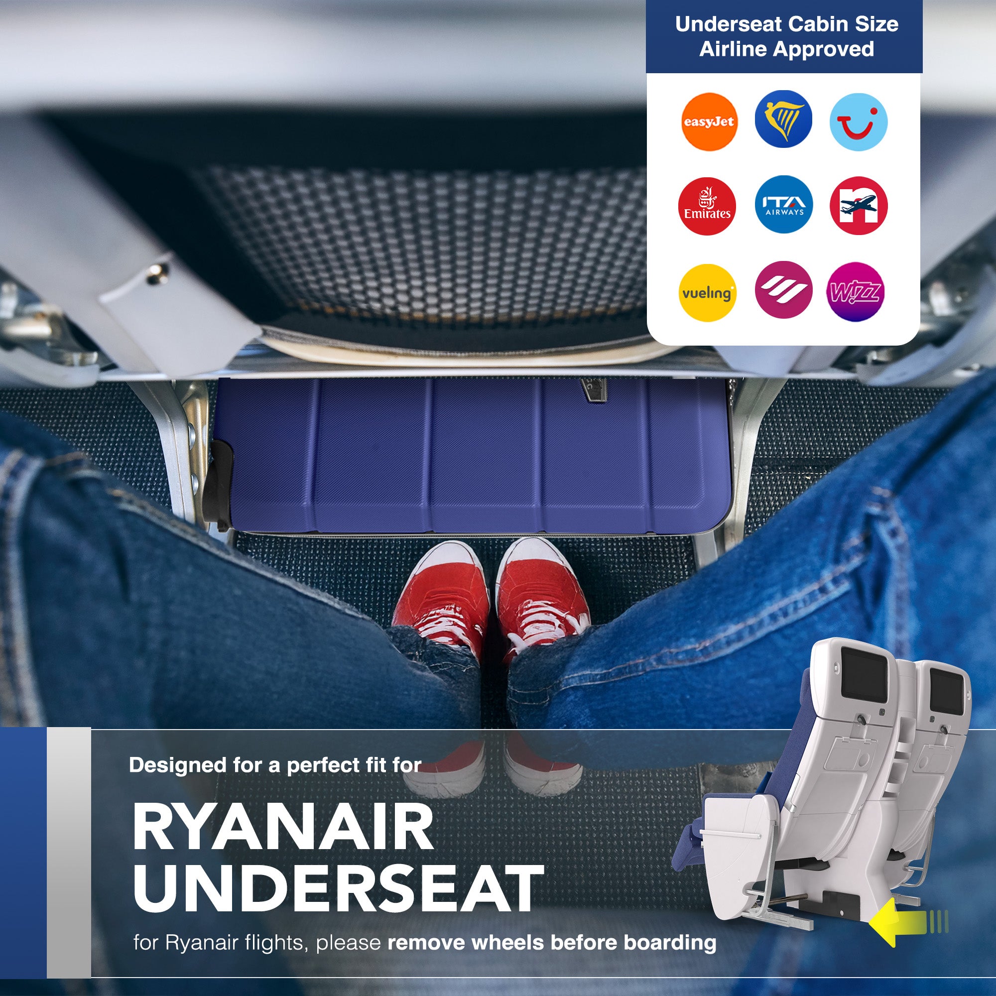 LUGG - Jetset 40cm Suitcase - 40x25x20cm- Ryanair Compatible - Underseat Size - Hard Shell ABS - Spinner & Removable Wheels - Lightweight Travel Luggage- Midnight Blue