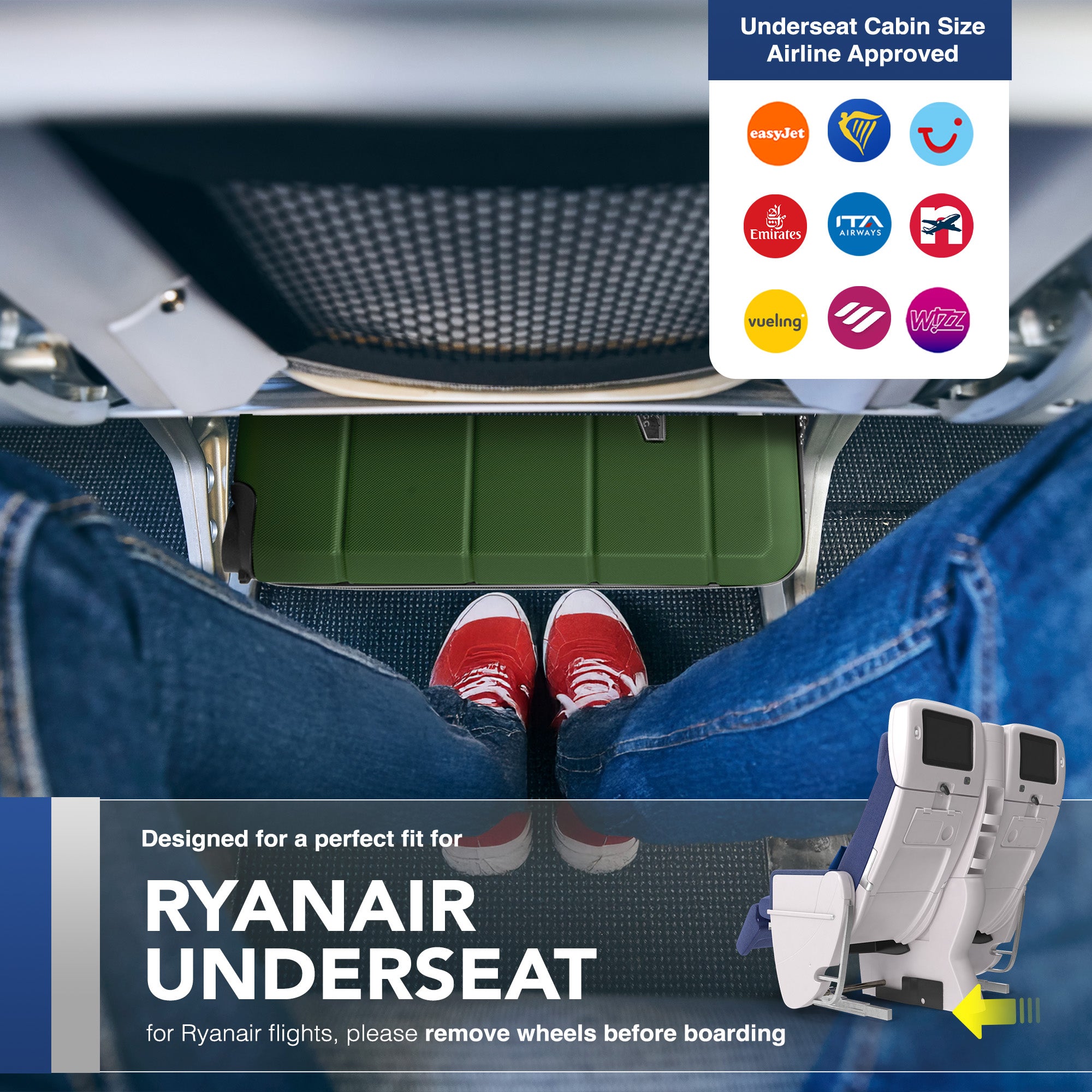 LUGG - Jetset 40cm Suitcase - 40x25x20cm- Ryanair Compatible - Underseat Size - Hard Shell ABS - Spinner & Removable Wheels - Lightweight Travel Luggage- Army Green